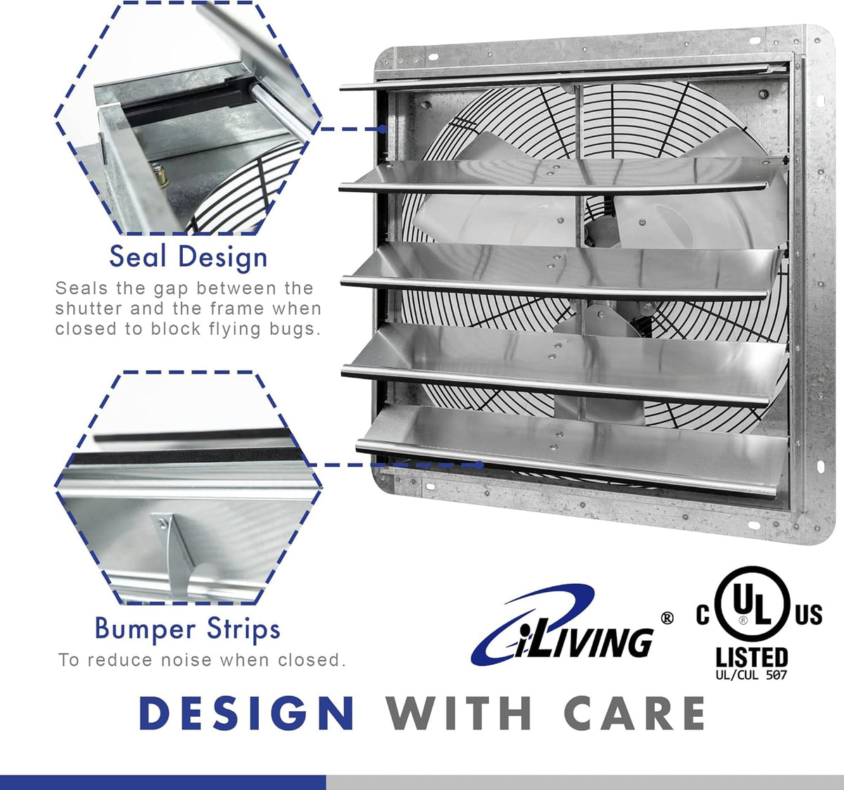 iLIVING 20" Wall Mounted Shutter Exhaust Fan, Automatic Shutter, with Thermostat and Variable Speed controller, 2.2A, 3368 CFM, 5000 SQF Coverage Area Silver (ILG8SF20V-ST)