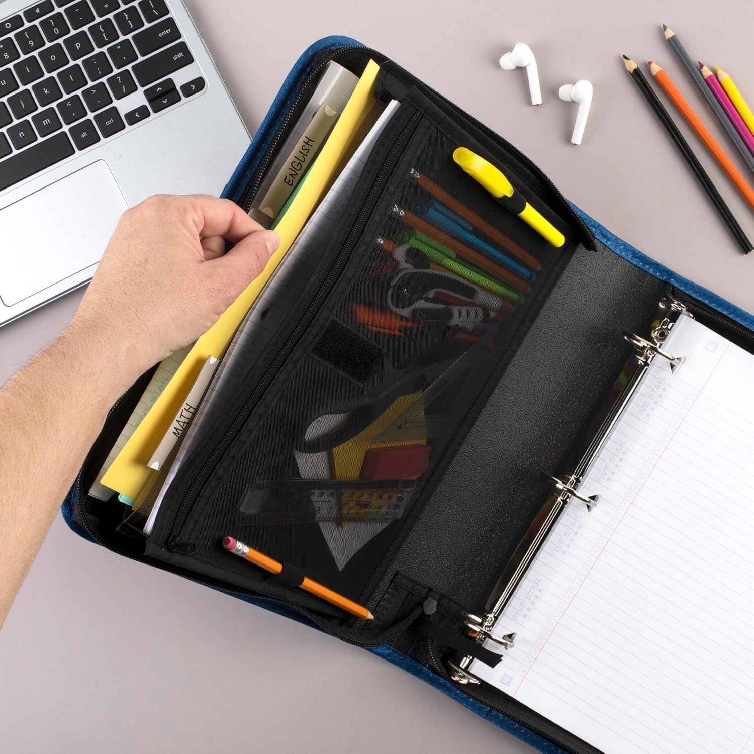 Zipper Binder, 1-1/2 Inch 3-Ring Binder with Round Rings, 3-Pocket Expanding File, 500 Sheet Capacity, Blue (72202)