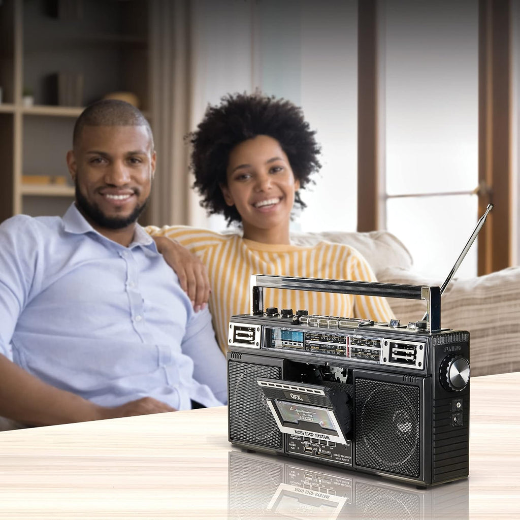 Retro Bluetooth Boombox Cassette Tape Player Recorder, J-220BT, Black | Portable, Dual 3" Speakers, AM/FM/SW1/SW2