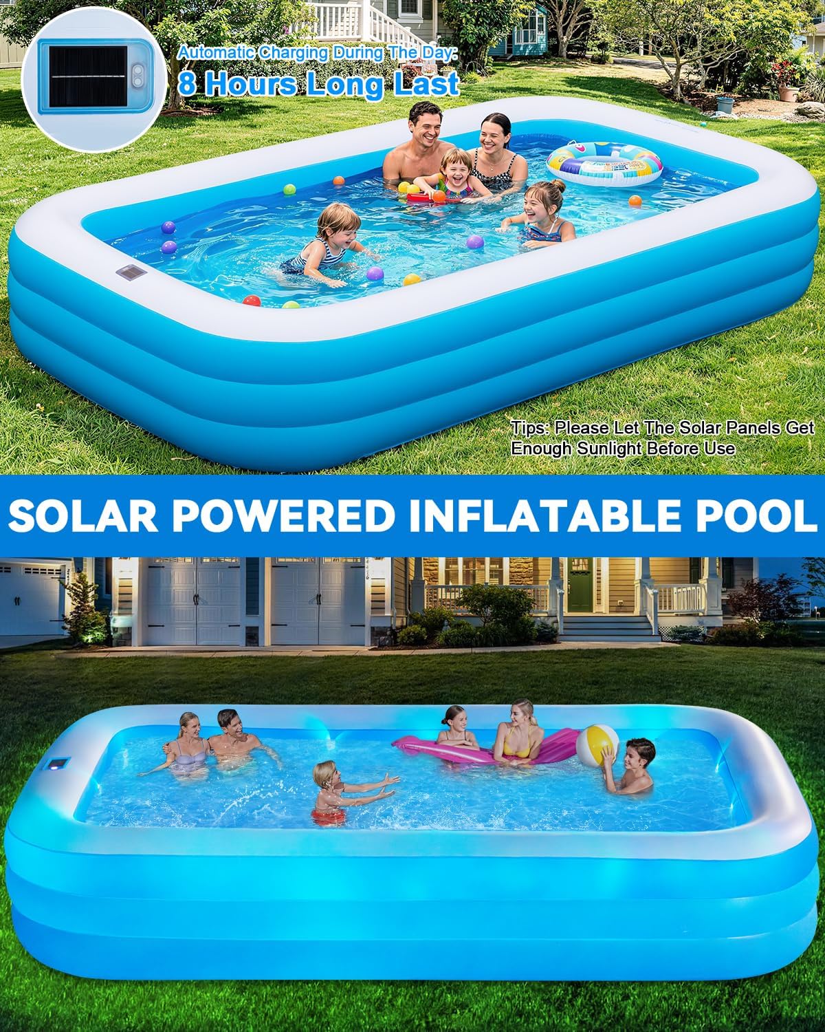 Large Inflatable Pool for Adults,130" x 72" x 22" Thickened Blow Up Pool with Lights & Pump, 7 Color Changed Durable