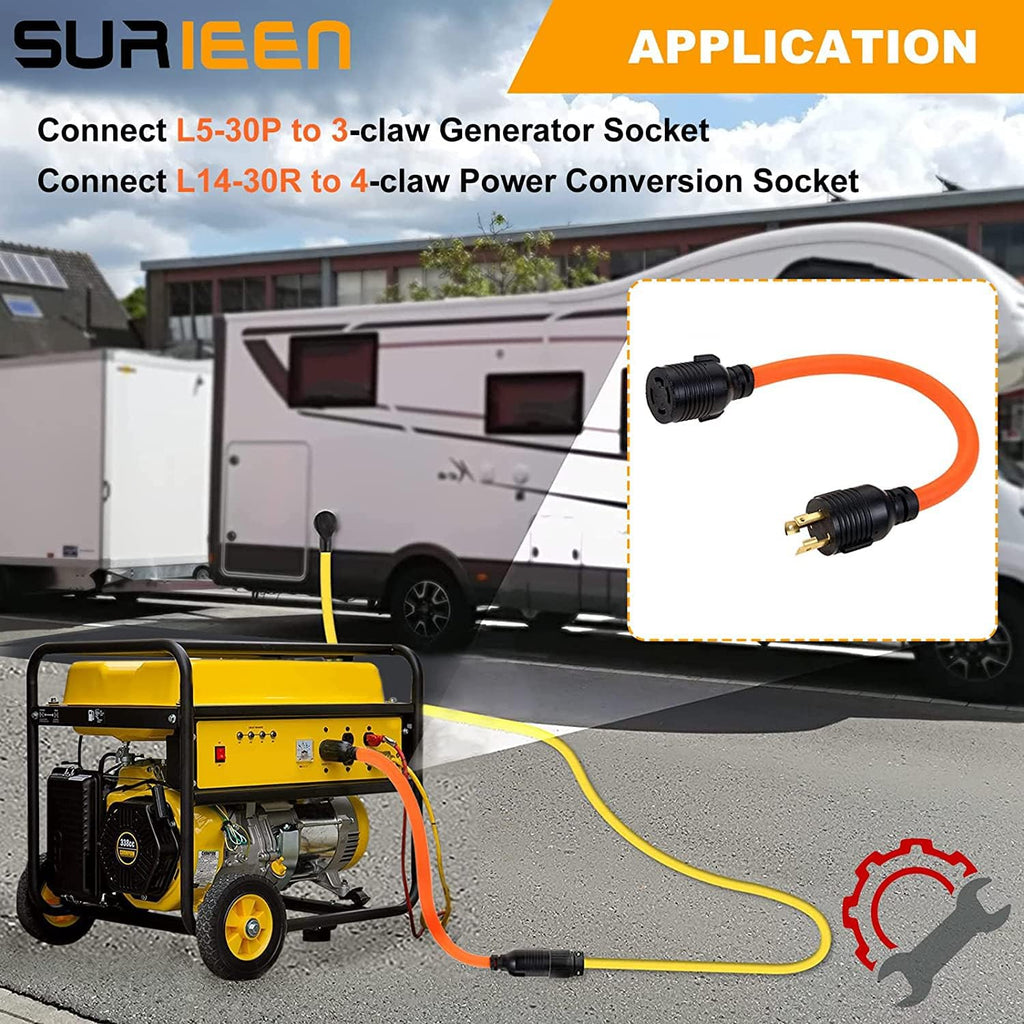 NEMA L5-30P to L14-30R Generator Transfer Switch Adapter Cord 1.5FT | 30 Amp 3 Prong to 4 Prong RV Generator Adapter