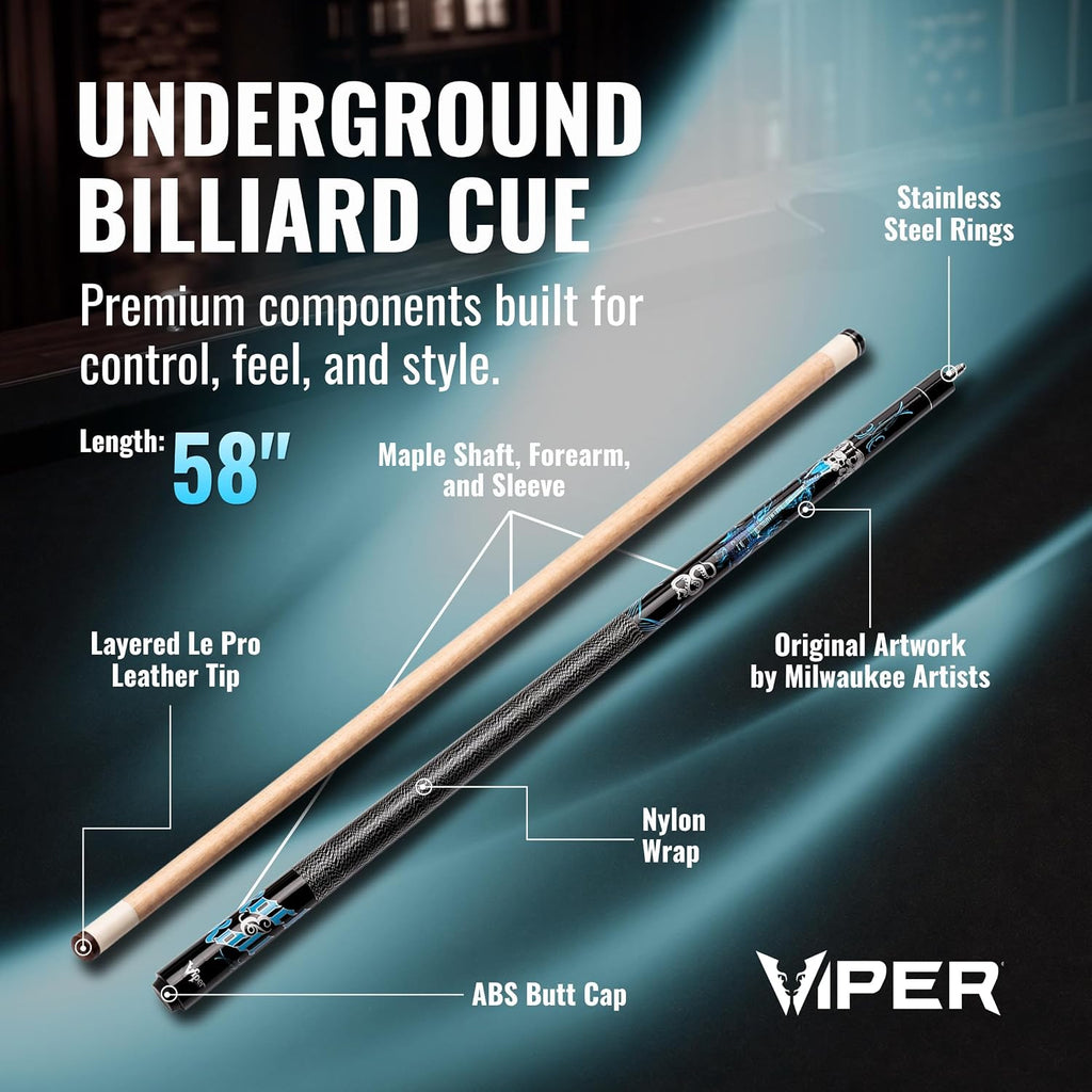 Underground 58" Pool Cue Stick, 9 Styles, 18-21 Ounce