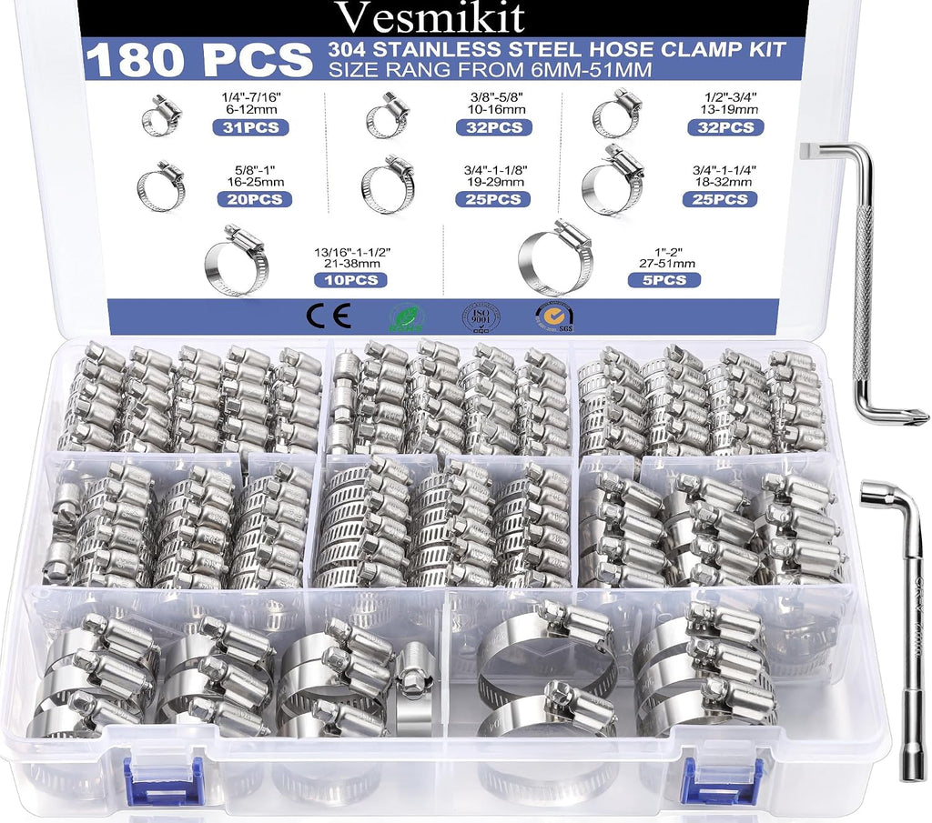 Hose Clamp Assortment- Vesmikit 180 PCS Stainless Steel Hose Clamps Kit | 1/4"–2"(6-51mm) Worm Gear Clamps for Fuel