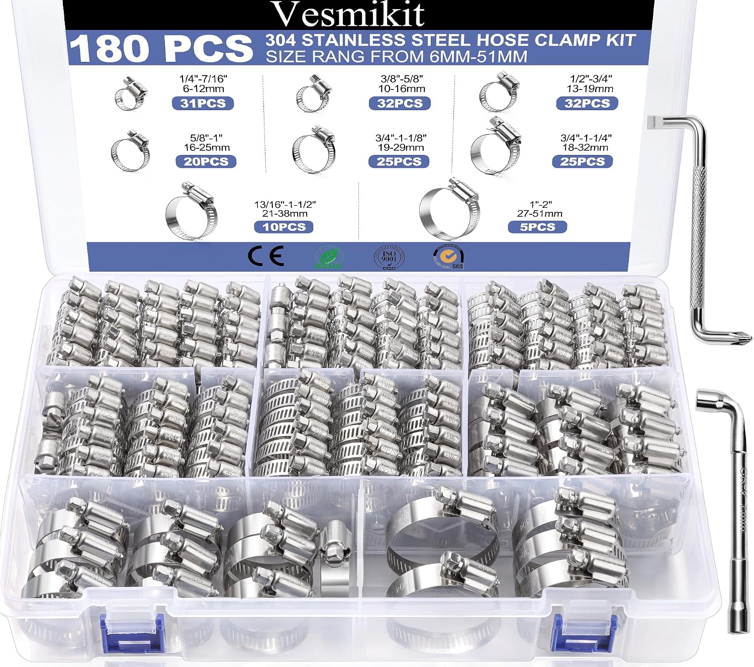 Hose Clamp Assortment- Vesmikit 180 PCS Stainless Steel Hose Clamps Kit | 1/4"–2"(6-51mm) Worm Gear Clamps for Fuel