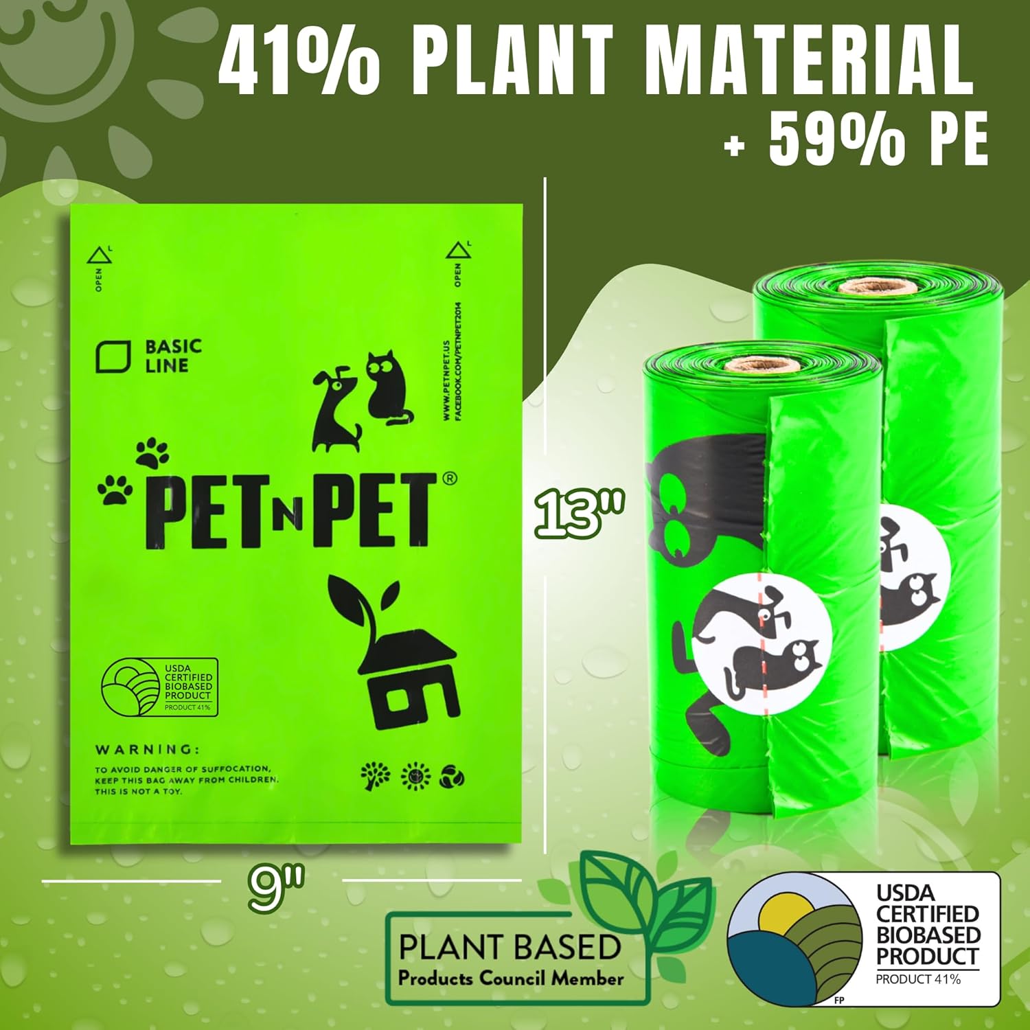 1080 Counts Green Poop Bags for Dogs, 41% Plant Based & 59% PE Extra Thick Dog Poop Bags Rolls, 9" x 13", Unscented