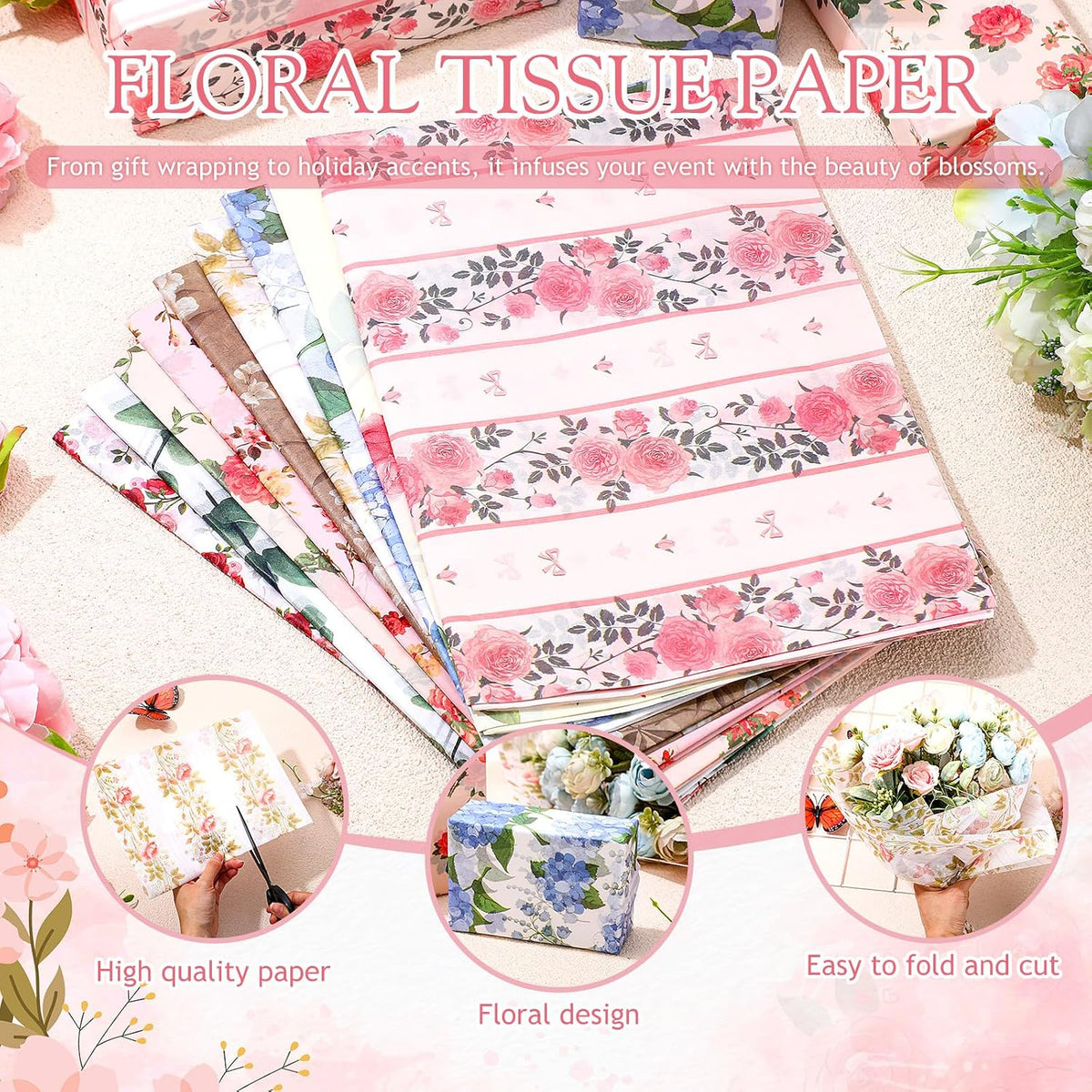 90 Sheets Floral Tissue Paper for Gift Wrap, Vivid