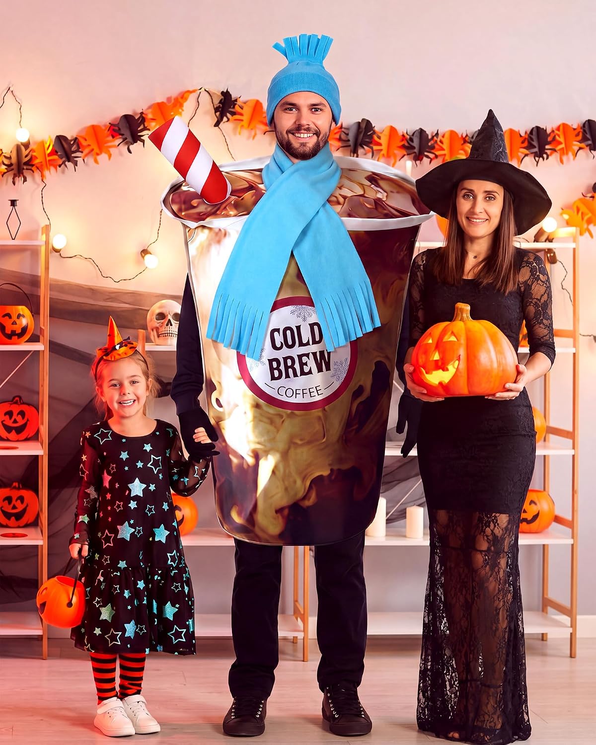 Halloween Cold Brew Coffee Cup Costume with Blue Hat Scarf for Adult | One Size Fits Most, Cold Brew Coffee Cup