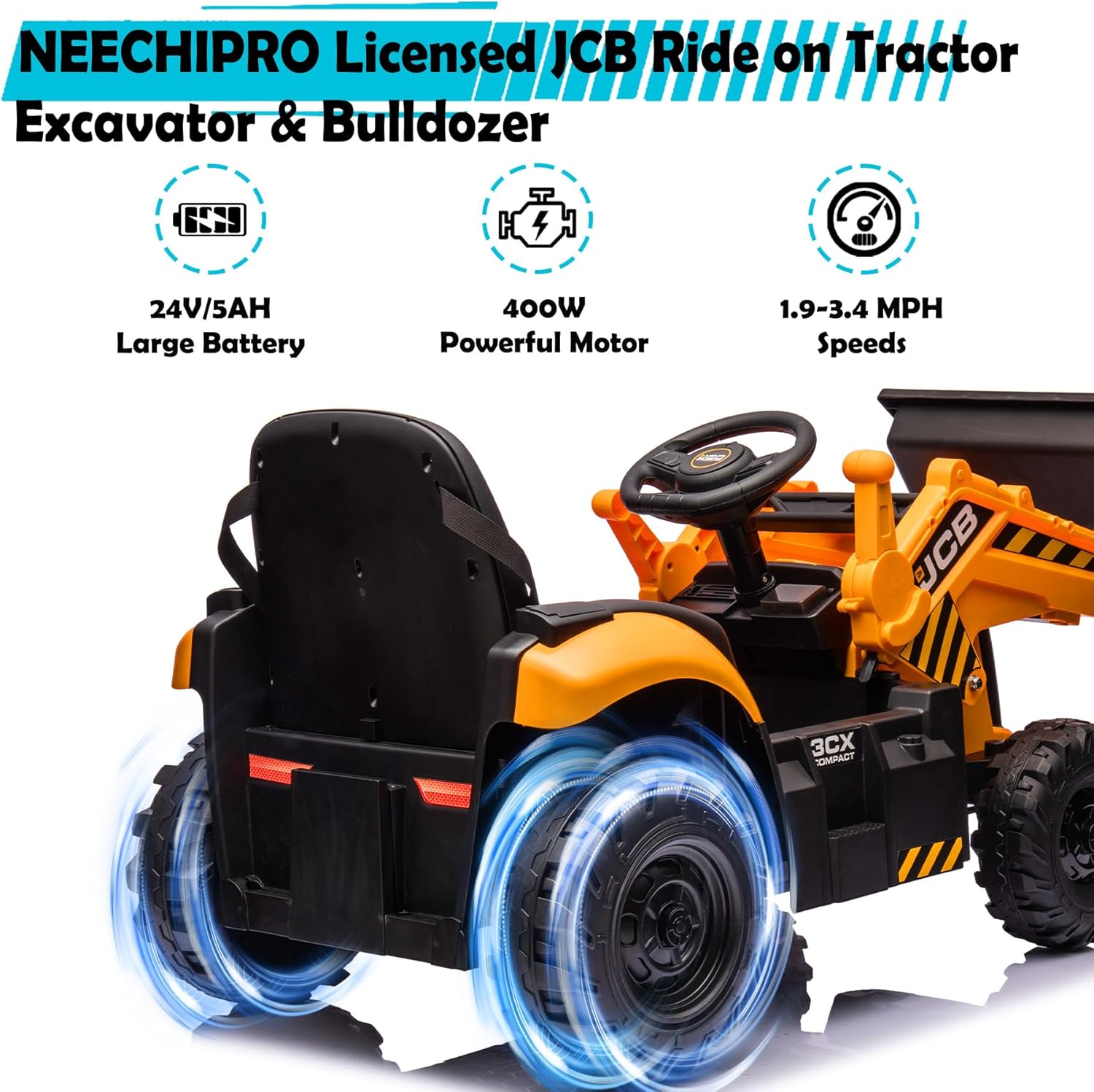 24V 3 in 1 Ride on Tractor, Excavator & Bulldozer for Kids, Licensed JCB Electric Vehicle w/Remote Control, Front