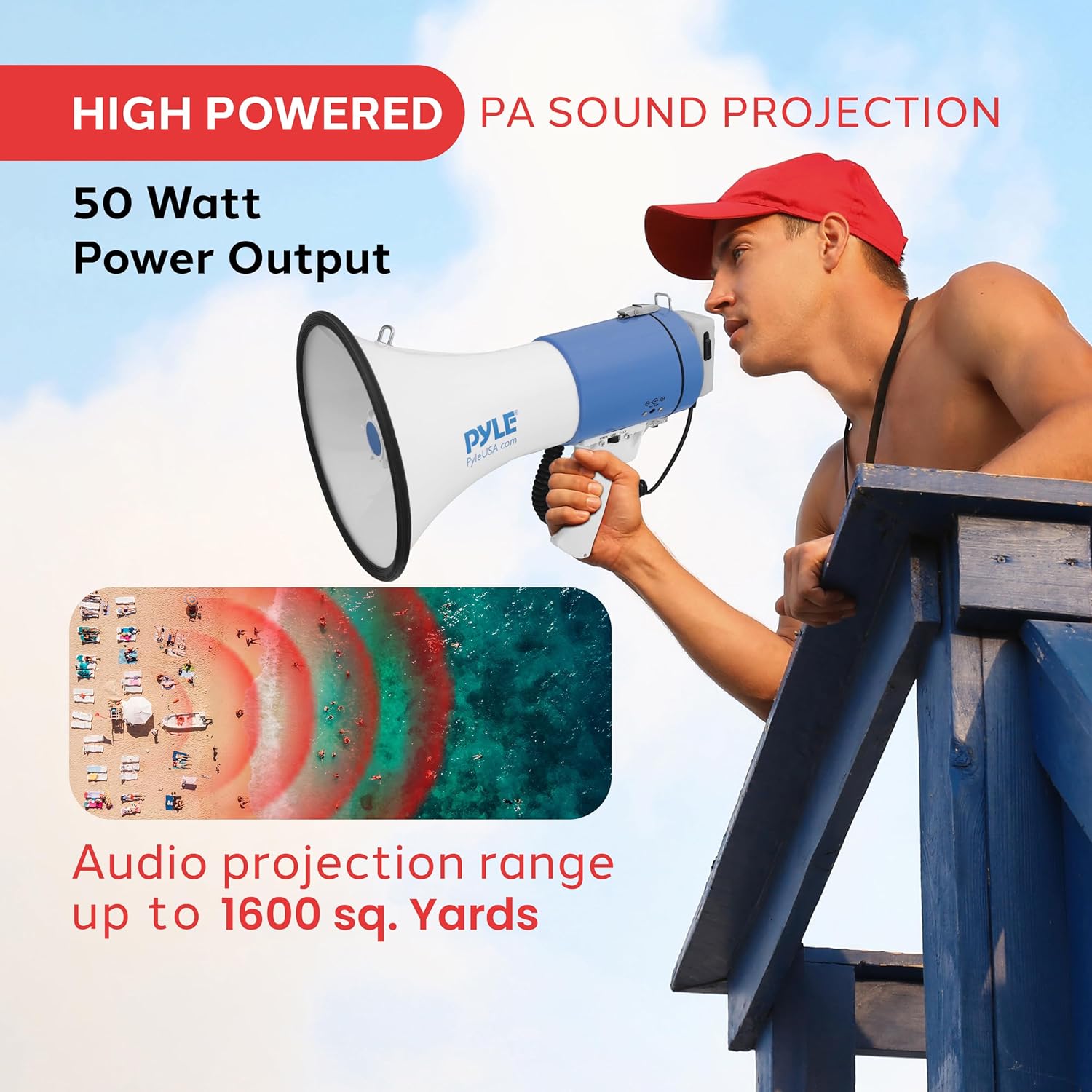 Portable Megaphone Speaker PA Bullhorn - Built-in Siren, 50W Adjustable Volume Control in 1200 Yard Range, Ideal for