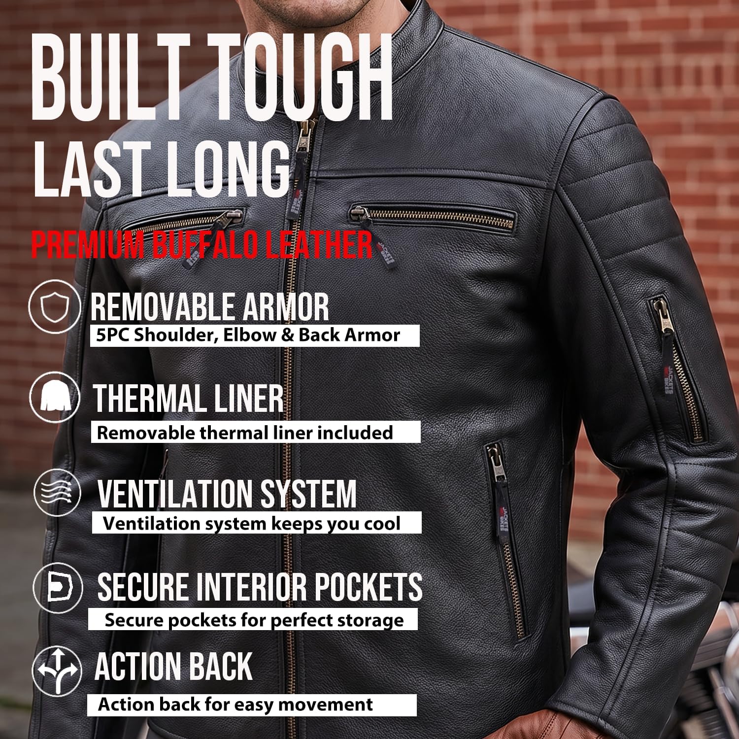 REVOLT Men's Motorcycle Jacket, Natural Buffalo Leather, CE Armor - Ventilation, Cruiser Motorbiker Touring Biker