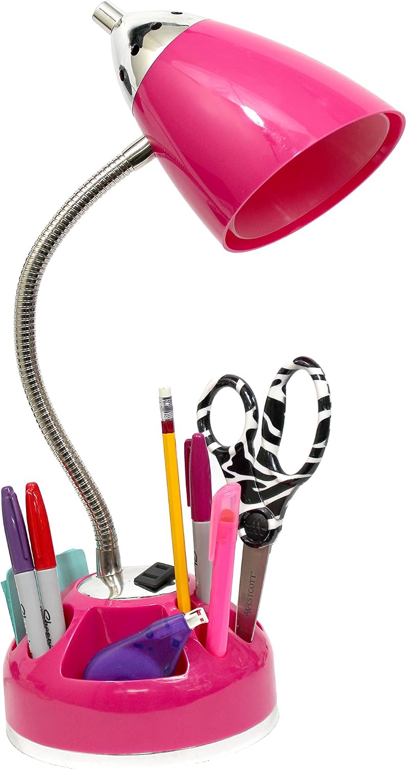 LD1015-PNK Flossy Organizer Desk Lamp with Charging Outlet and Lazy Susan Base, Pink