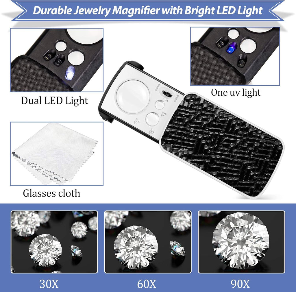 2 Pcs Jewelers Loupe 30X 60X 90X Magnifying Glass with LED,Black | UV Black Light for Gem Diamond Inspection
