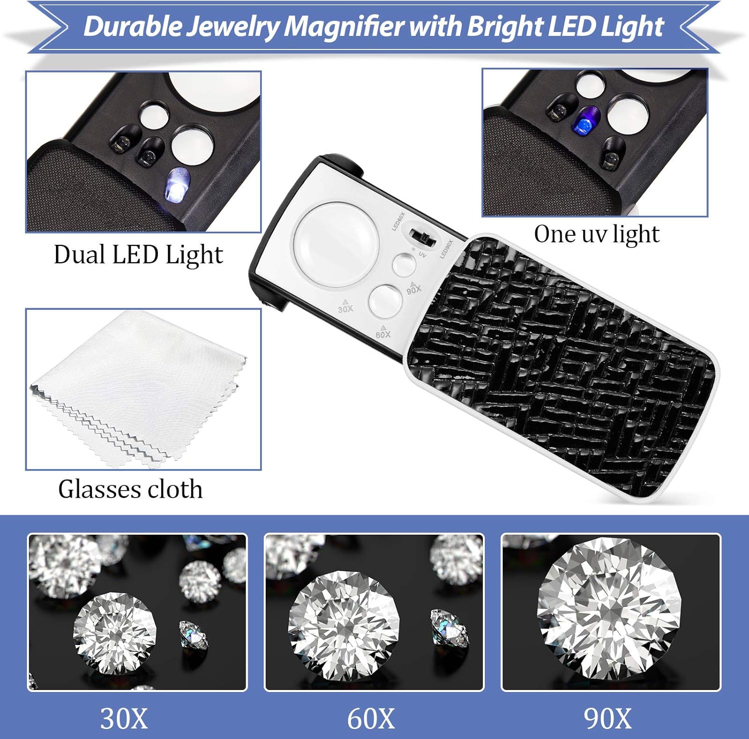 2 Pcs Jewelers Loupe 30X 60X 90X Magnifying Glass with LED,Black | UV Black Light for Gem Diamond Inspection