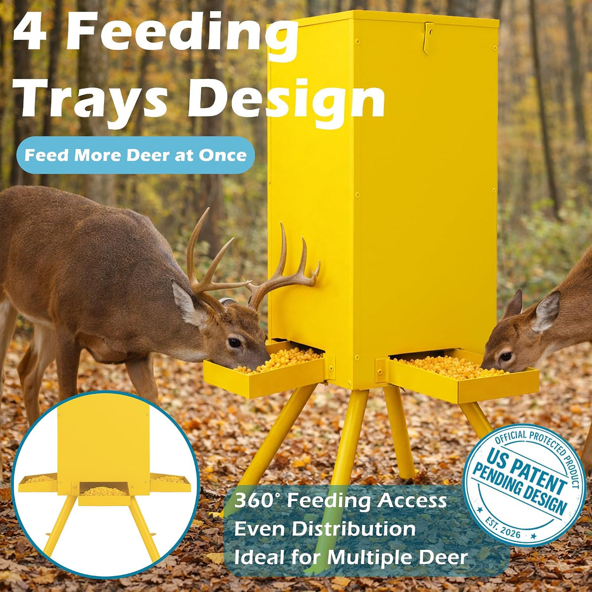 Deer Feeder 60-70 lbs, Weatherproof Deer Feeders, Heavy Duty Metal Gravity Deer Feeder with 4 Feeding Tray and 4-Leg