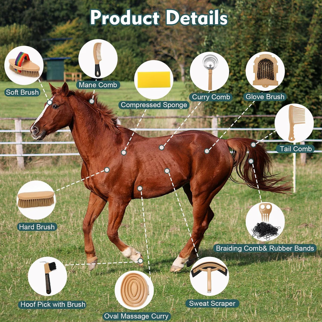 Horse Grooming Kit for Bathing, 13Pcs Horse-Brush Set with Mesh Bag, Shower Brushes, Braiding and Curry Comb, Sweat