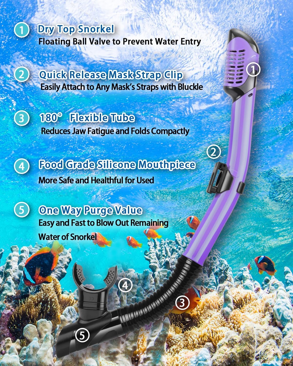 Snorkeling Gear for Adults, Adult Snorkel Set with Panoramic Anti-Leak and Anti-Fog Tempered Glass Snorkel Mask, Dry