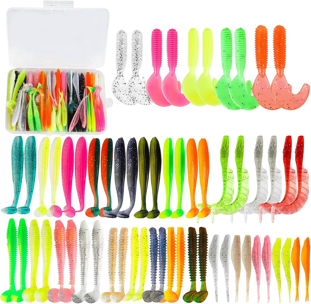 Soft Fishing Lures Set with Tackle Box, 6.5cm/8cm Paddle Tail Swimbaits, 60PCS Soft Plastic Baits with Curly Tails