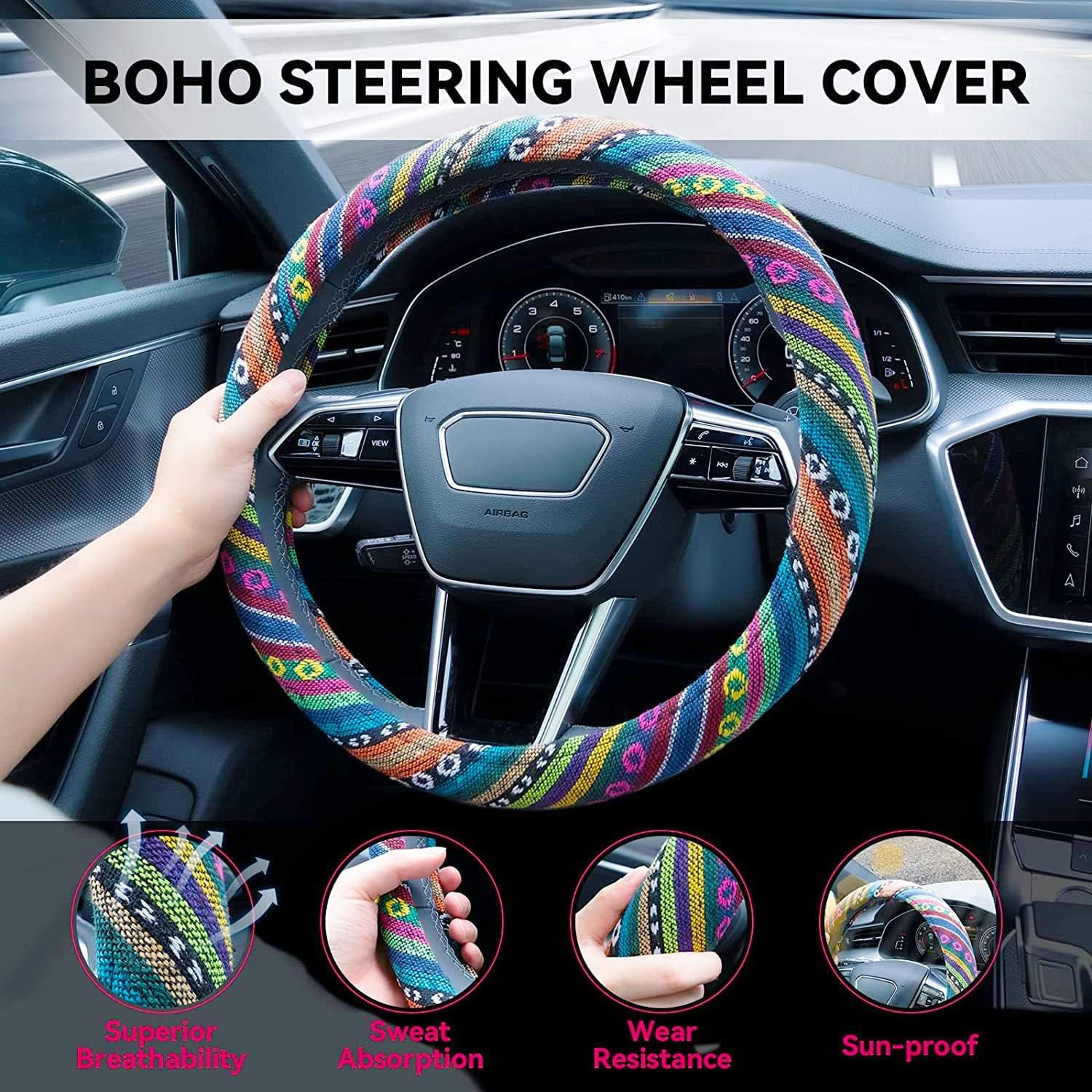 Boho Steering Wheel Cover Elastic Microfiber for Women, Universal Fit 15 inch Car SUV, Hippie Style Protector Cover
