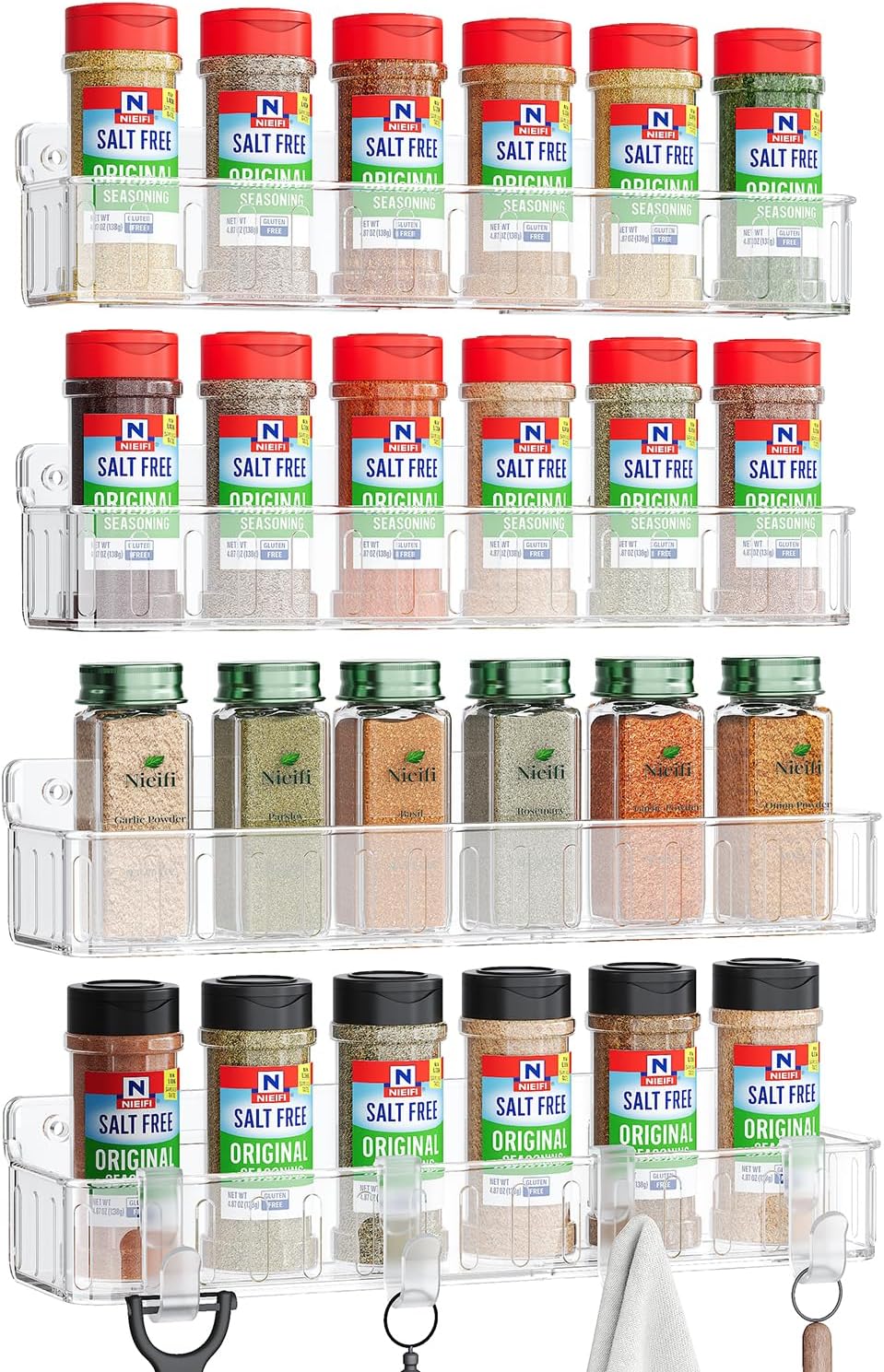 Spice Rack Wall Mount, 4 Pack, Clear, 2 Inch Wide, Screw or Adhesive Installation, Spice Rack Organizer for Small