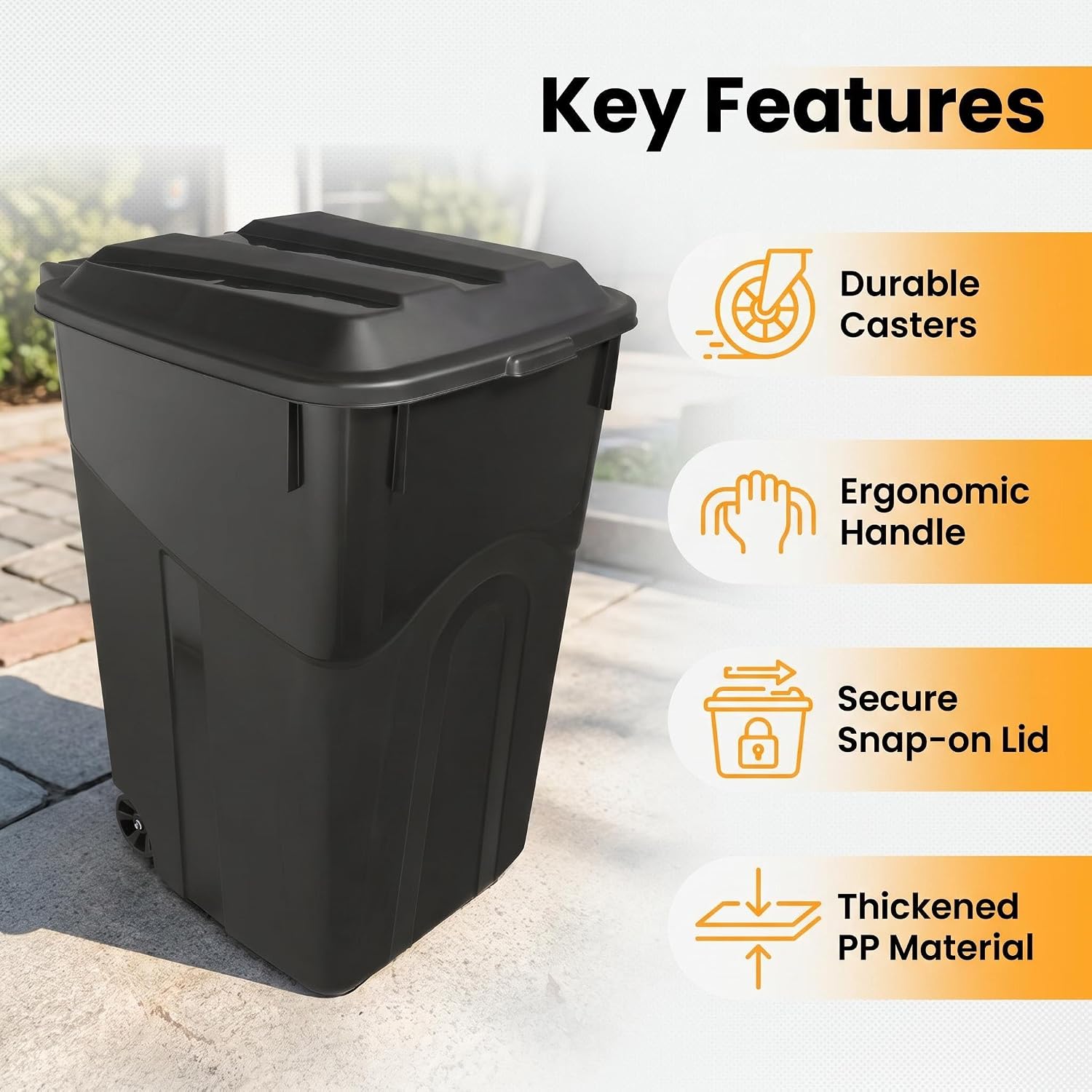 45 Gallon Wheeled Heavy Duty Plastic Garbage Can with Attached Lid, Durable Outdoor Trash Can with Wheels, Large