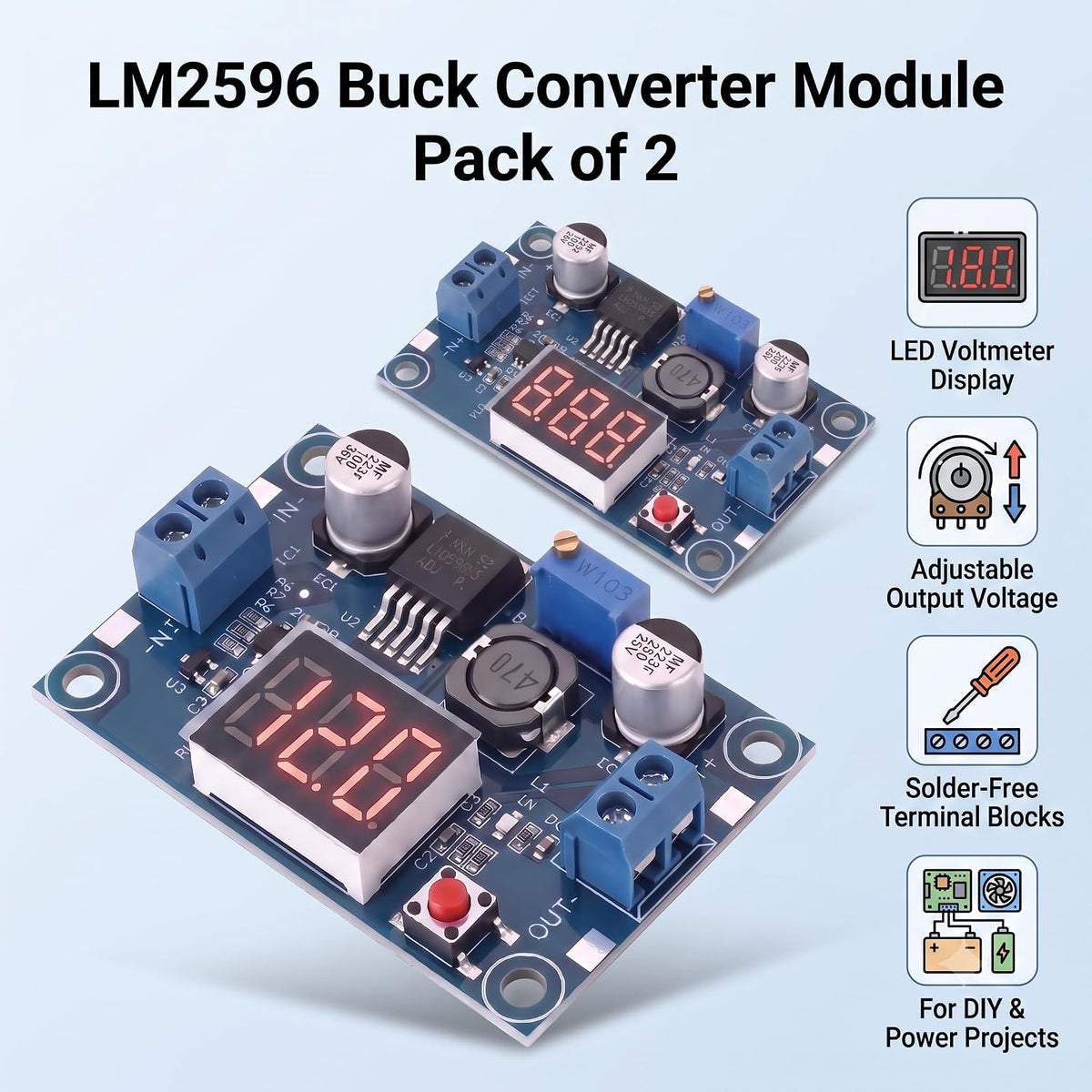 2PCS LM2596 DC-DC Buck Converter Module Adjustable Step-Down Vol with LED
