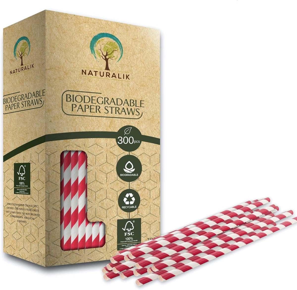 300 Pack Extra Durable Red Paper Straws Biodegradable- Heavy Duty Eco-Friendly Paper Straws Bulk- Drinking Straws for