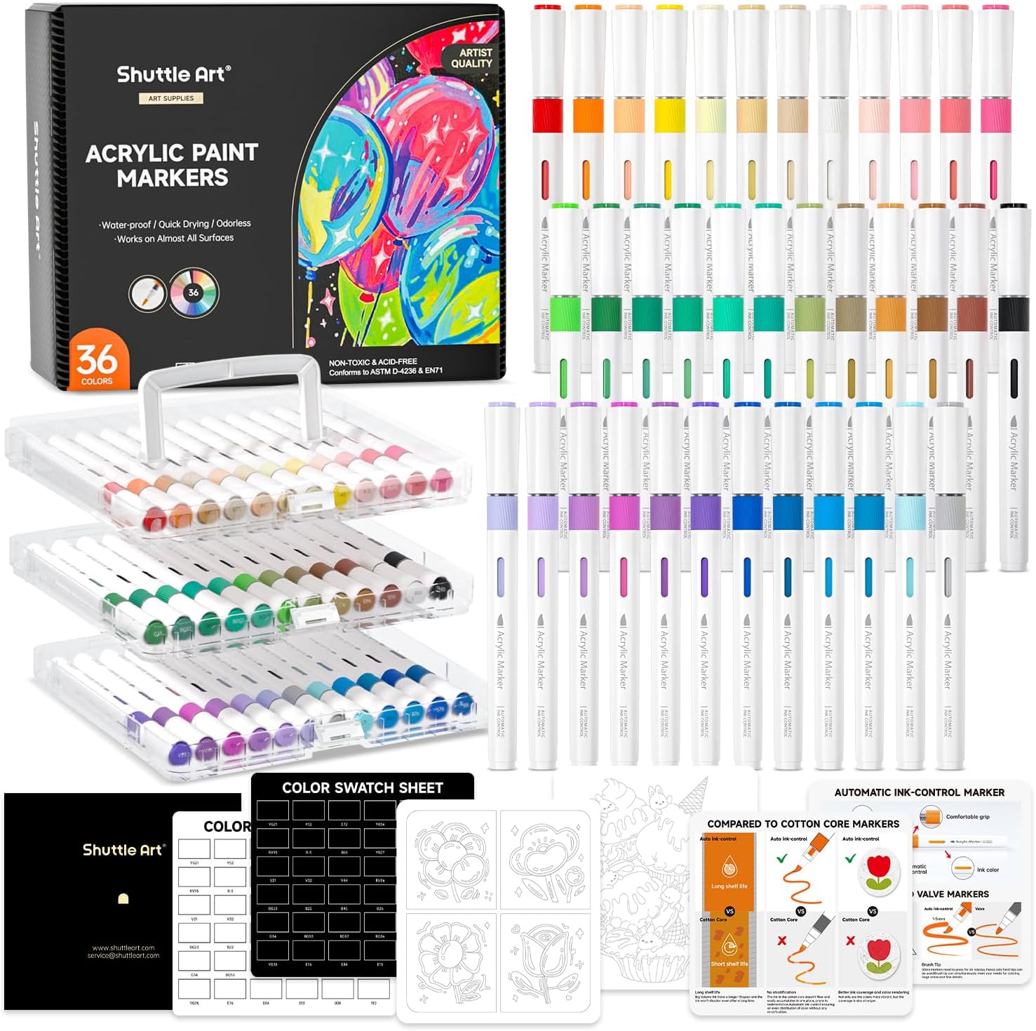 Automatic Ink Control Acrylic Paint Markers, 36 Colors Brush Tip Acrylic Paint Pens for Rock Painting, Ceramic, Wood