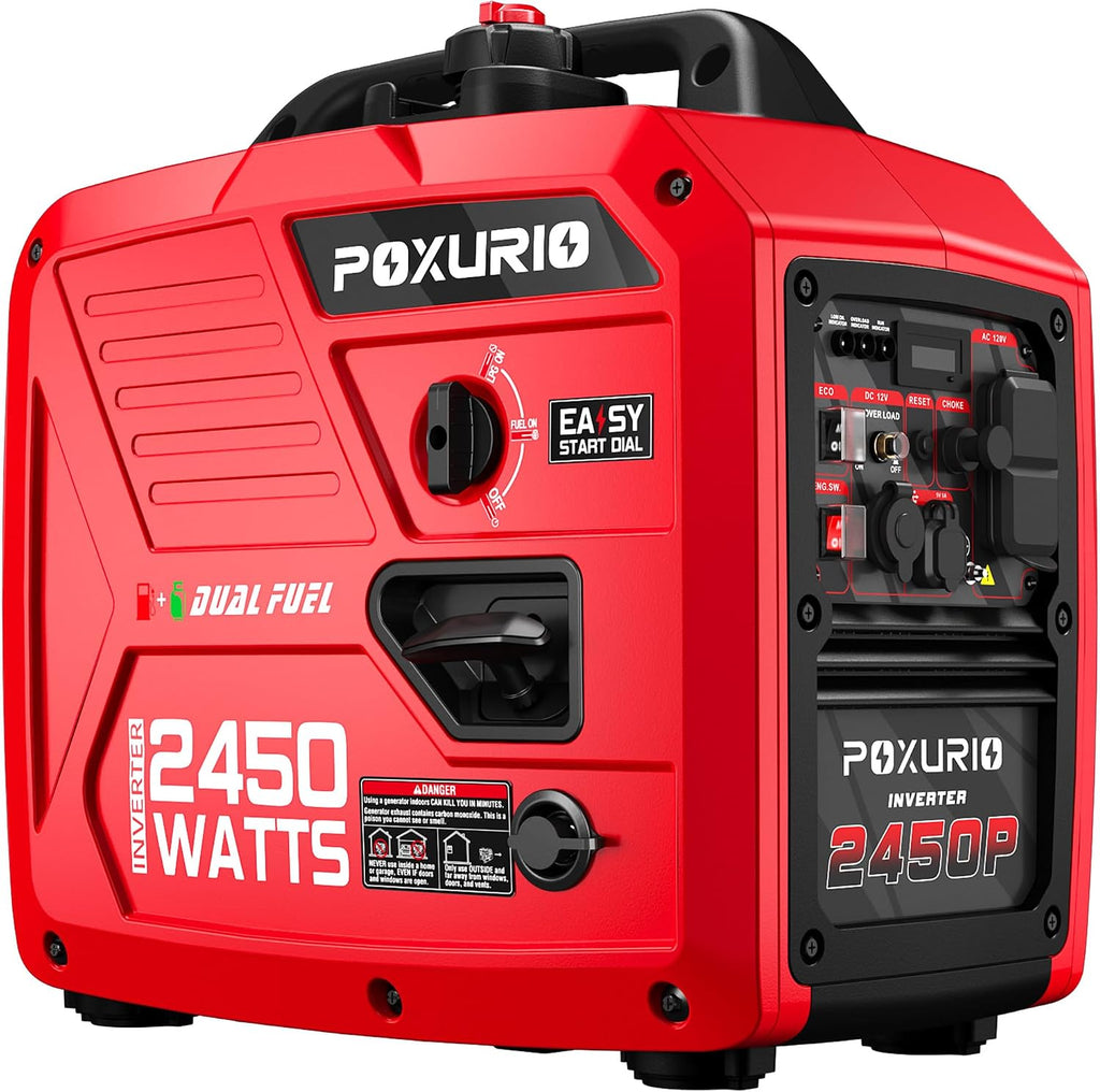 2450-Watt Dual Fuel Inverter Generator for Home Use, 1.6Gallon Large Fuel Tank Up to 8.3 Hours Use, 120V Gas Powered