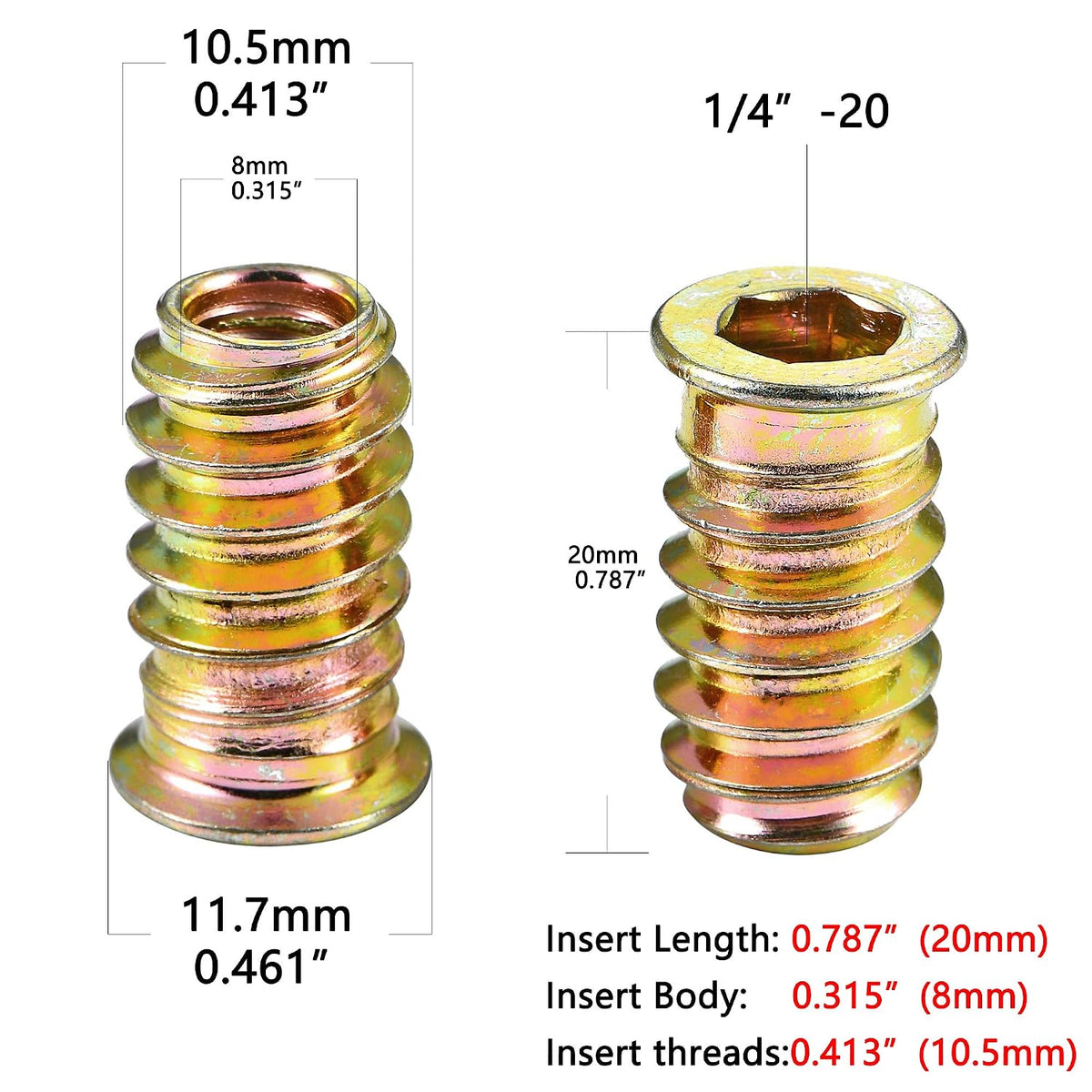 80Pcs 1/4"-20x20mm Hex Nut Inserts Wood Threaded Fastener for Furniture
