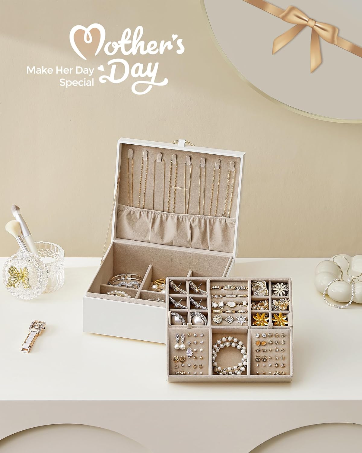 2-Layer Jewelry Box, Jewelry Organizer with Handle, Removable Jewelry Tray, Jewelry Storage, Floating Effect, 8.1 x