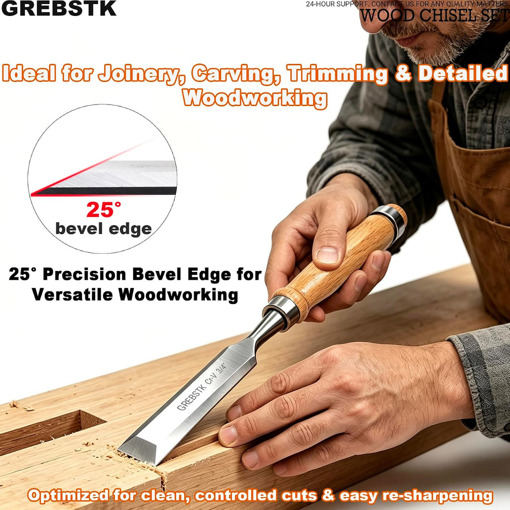 4 Piece Wood Chisel Set CR-V Steel Sharp Bevel Edge for Woodworking | Chromium Vanadium, High Hardness & Durability.