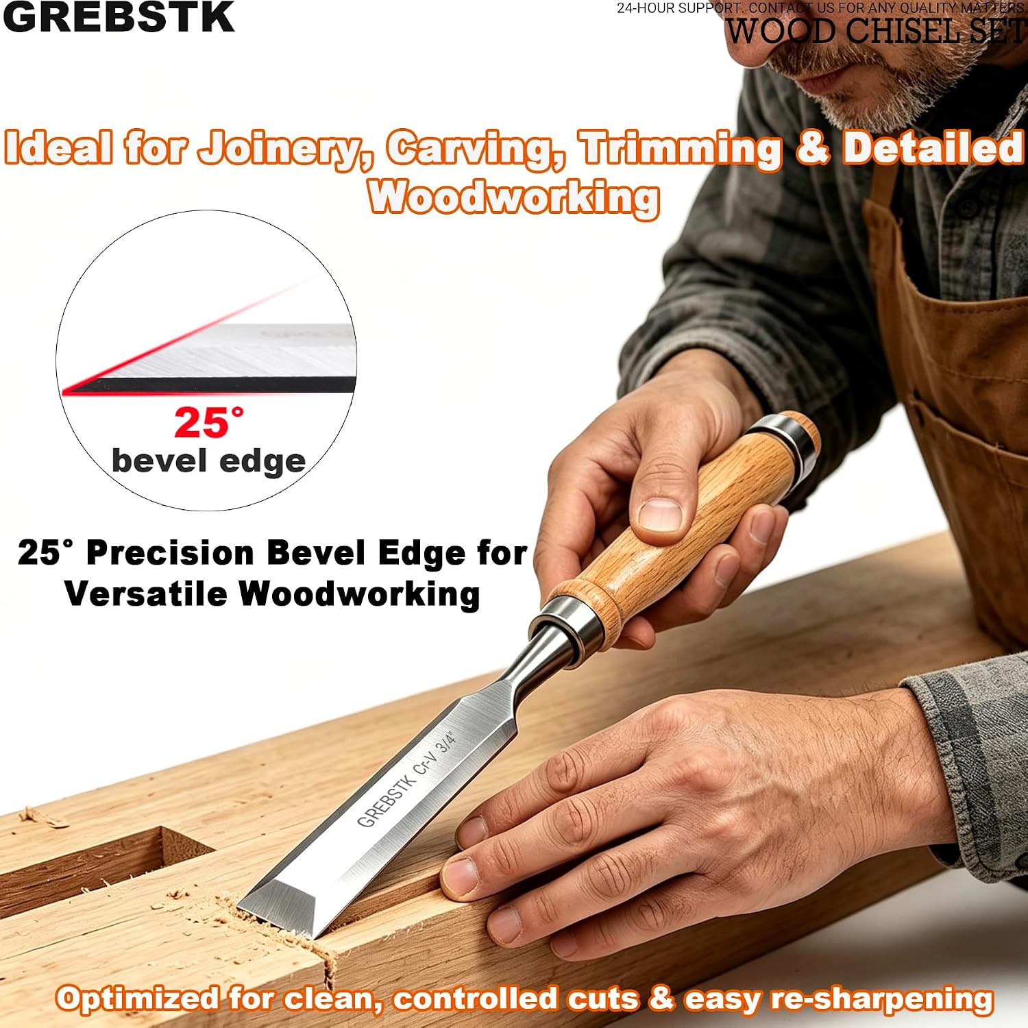 4 Piece Wood Chisel Set CR-V Steel Sharp Bevel Edge for Woodworking | Chromium Vanadium, High Hardness & Durability.