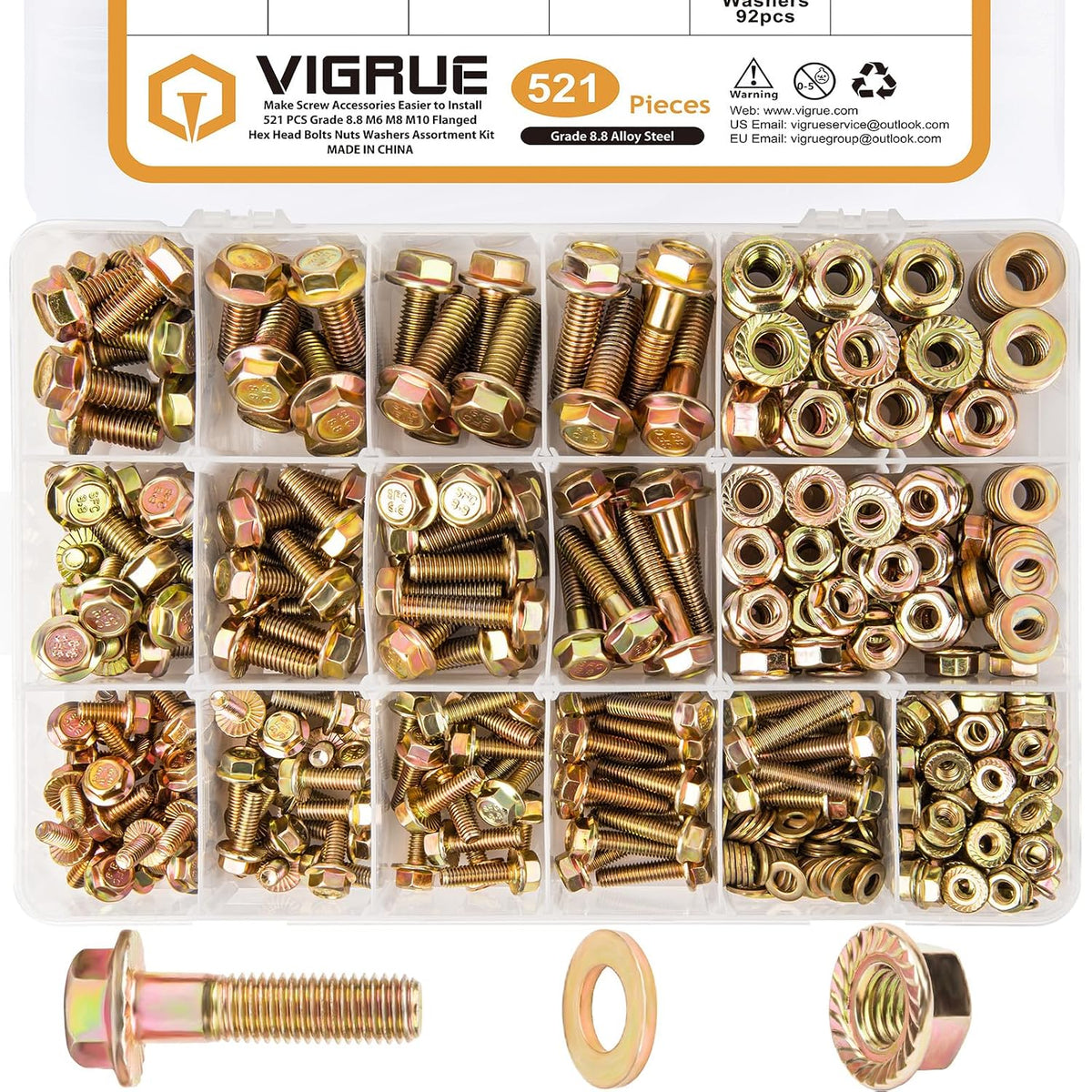 VIGRUE 521PCS M6 M8 M10 Flange Bolts Assortment Kit Metric Class 8.8 Serrated Hex Cap Flange Hex Bolts Flange Nuts Assorted Set, Coarse Full and Half Threads