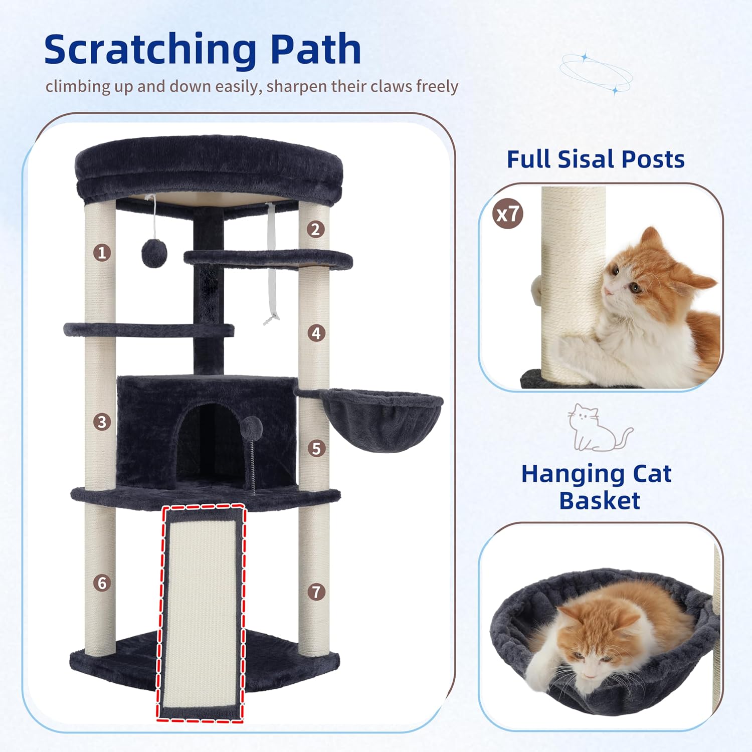 Corner Cat Tree for Indoor Cats, Cat Tower with All Sisal Scratching Posts, Multi-Level Cat Condo wth Cat Cave, Large