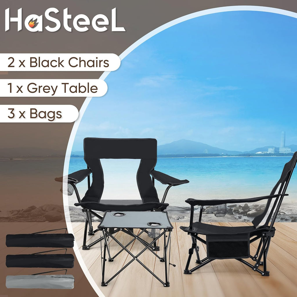 Low Beach Chairs, 3Pcs Folding Camping Chairs with Table - Black | Lawn Chair Set for Adults Fishing, Picnic