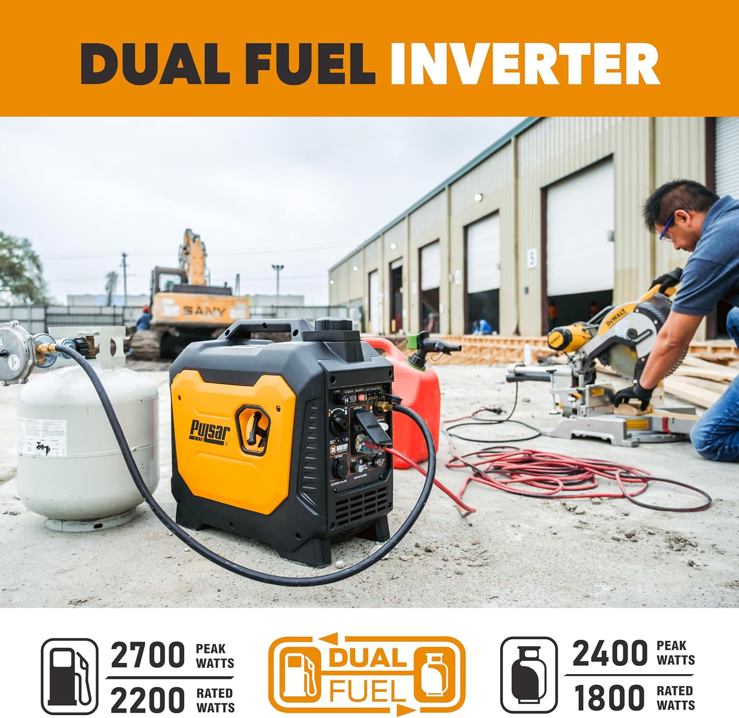 2700 Watt Portable Inverter Generator, Dual Fuel Gasoline & Propane, CO Sensor, Super Quiet, Use for Jobsite