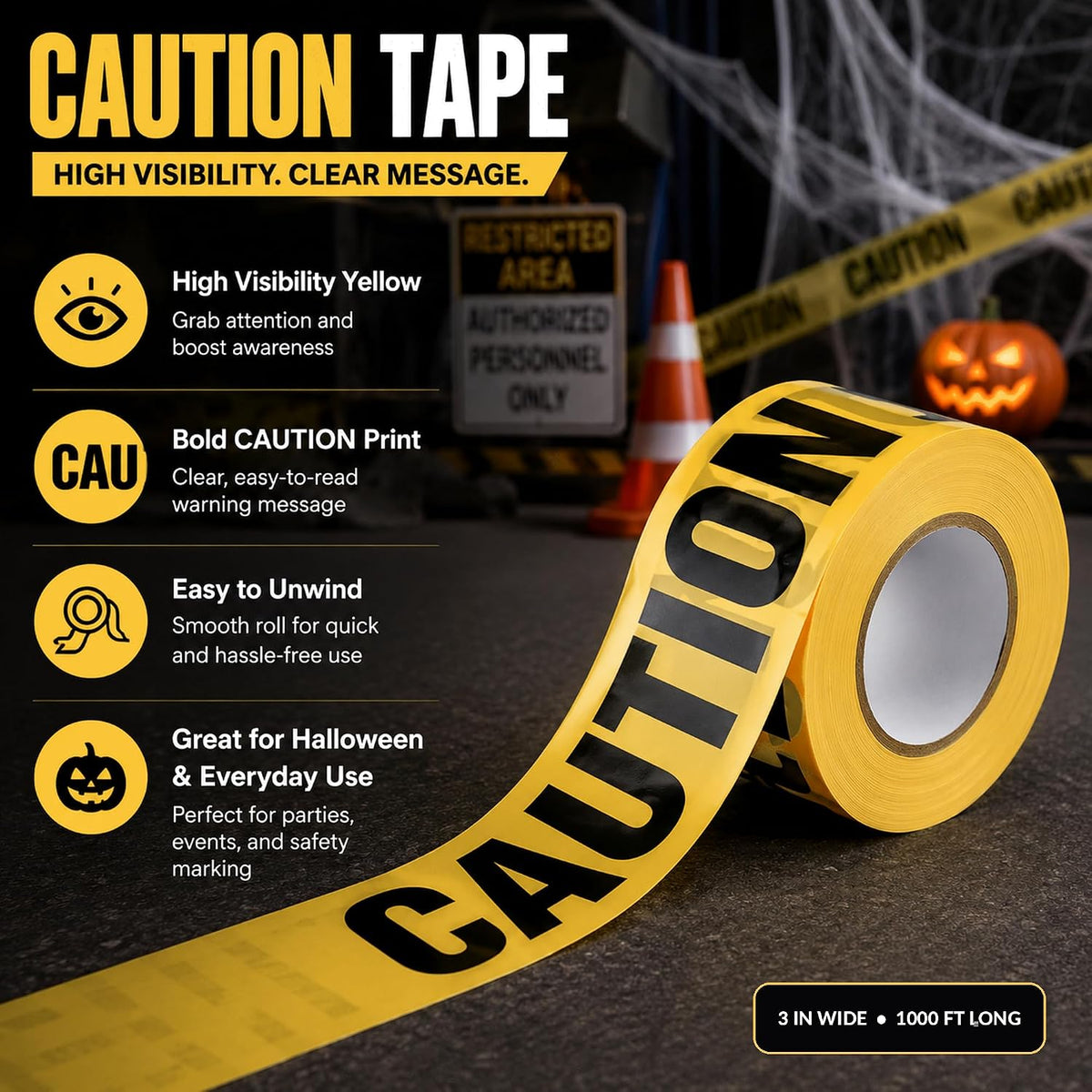 6 Roll Caution Tape 3 in x 1000 ft Yellow Black Warning Tape