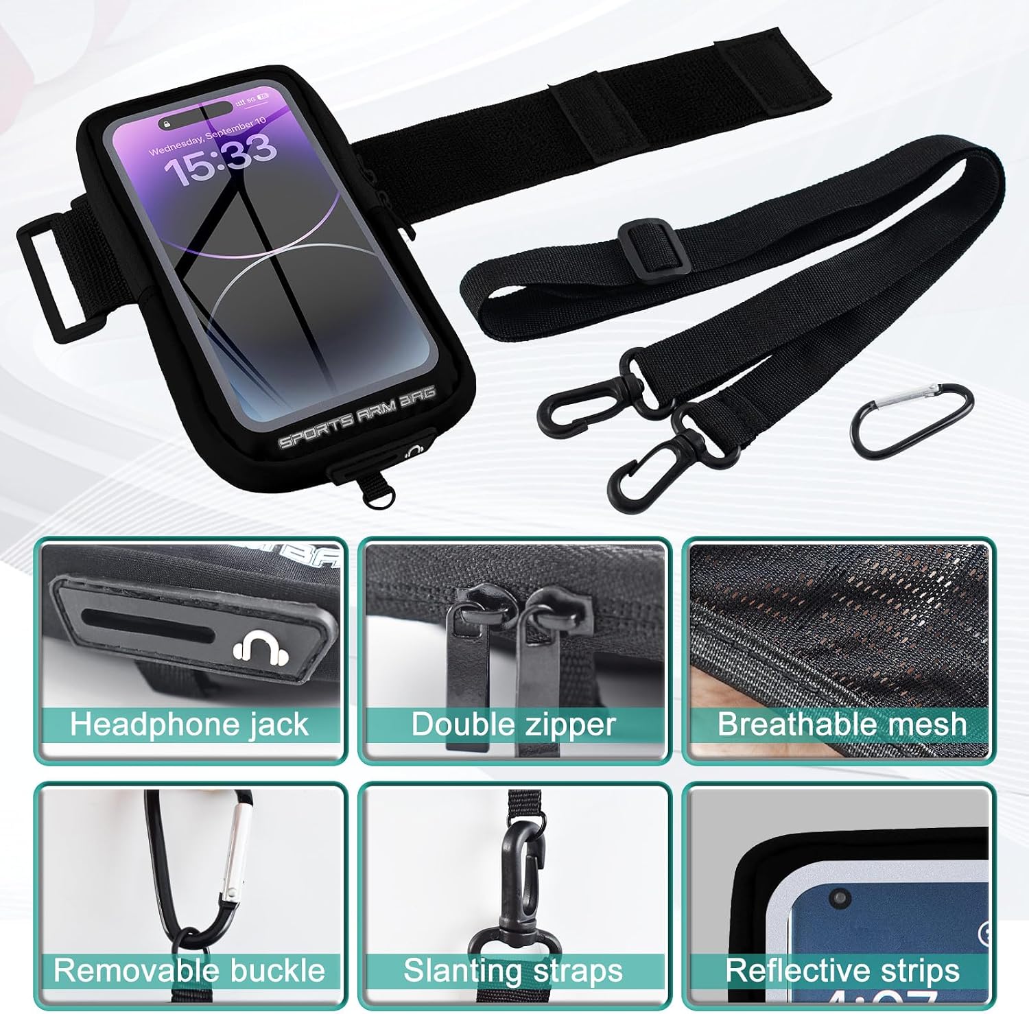 Phone Holder for Running, Running Armband Phone Holder with Carabiner, Phone Armbands for iPhone 17 16 15 14 13 12