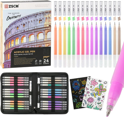 ZSCM 24 Colors 3D Acrylic Gel Pens & Black Paper Sketchbook for Drawing, 1mm Fine Point Acrylic Ink Pen, Opaque