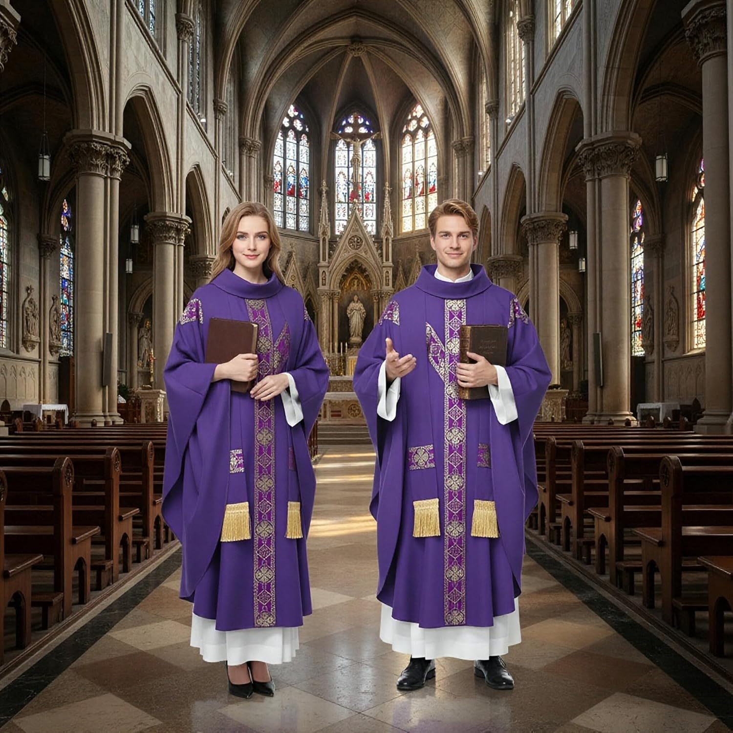 Clergy Elegance Church Vestments for Catholic Priests Chasuble Mass Apparel and Round Collar Robe With Pastor Stole