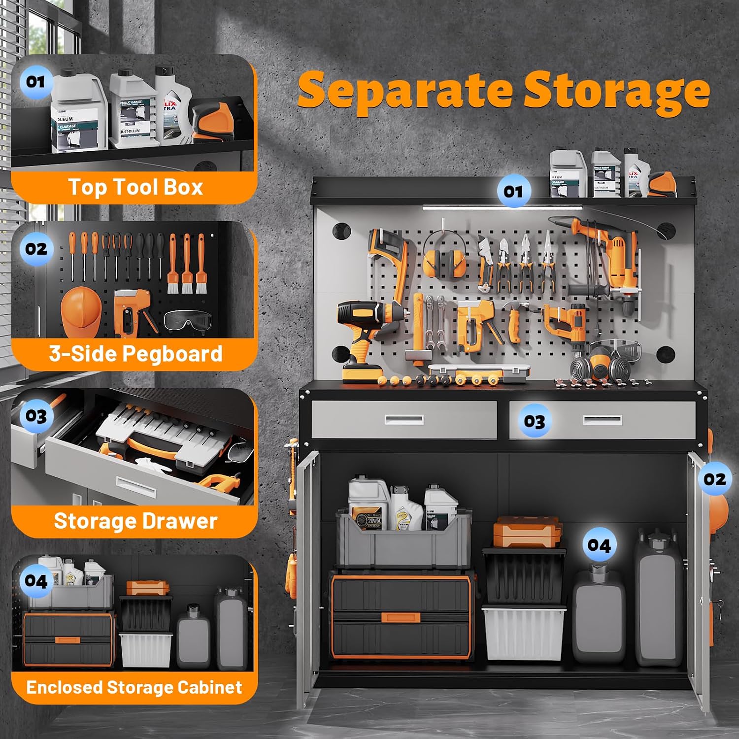 65" Heavy Duty Garage Workbench with Storage Drawers & Pegboard,2000lbs Capacity Metal Work Bench with Lockable