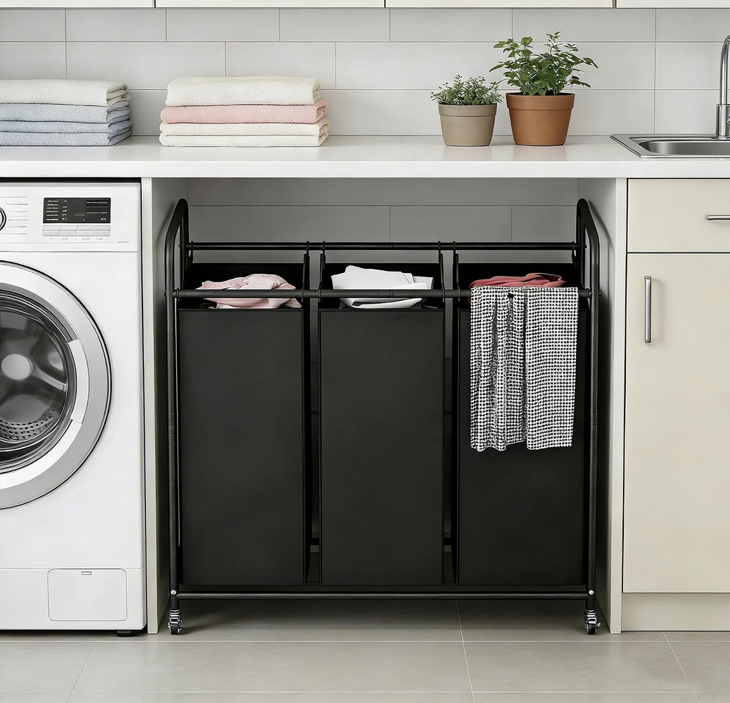 3 Section Laundry Hamper, Black Laundry Basket 135L Laundry Sorter | Laundry Room Organization with Heavy Duty