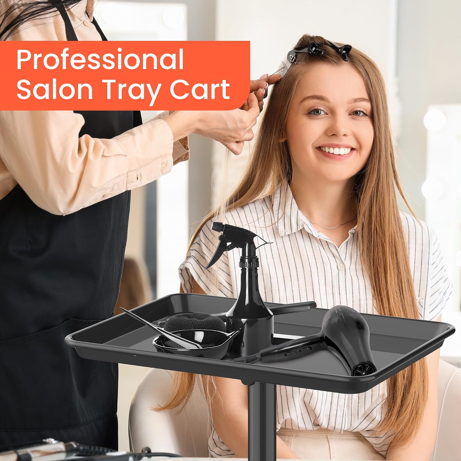 Rolling Salon Tray, Mobile Styling Station with Wheels Aluminum Rolling Tray Trolley for Salon Essentials, Adjustable