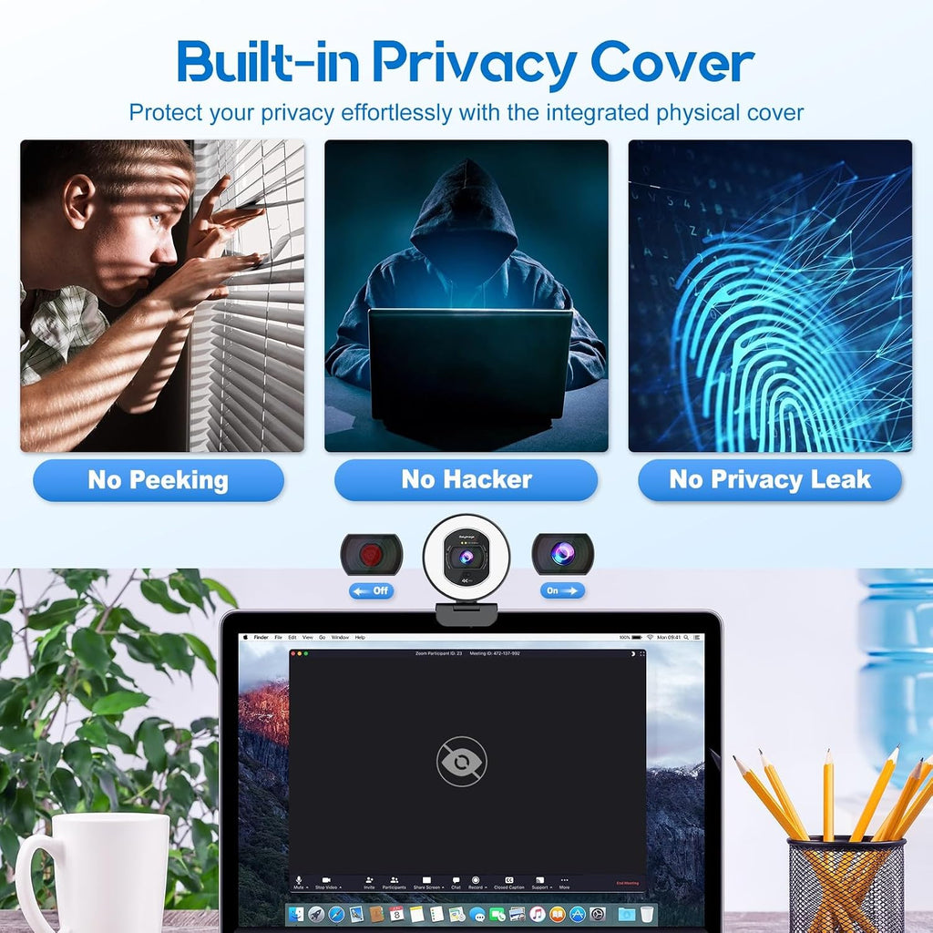 4K Webcam with Ring Light & Built-in Microphone for PC Streaming | PDAF Autofocus,Supports 1080P 60FPS, Comes with