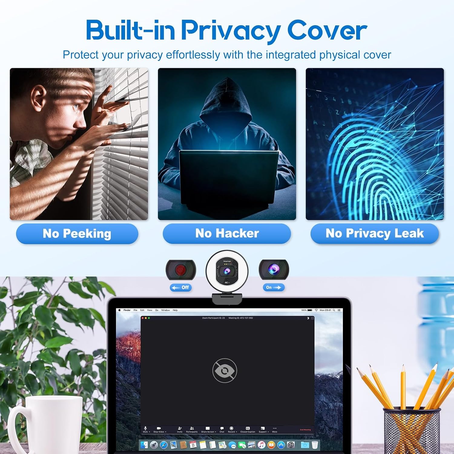 4K Webcam with Ring Light & Built-in Microphone for PC Streaming | PDAF Autofocus,Supports 1080P 60FPS, Comes with