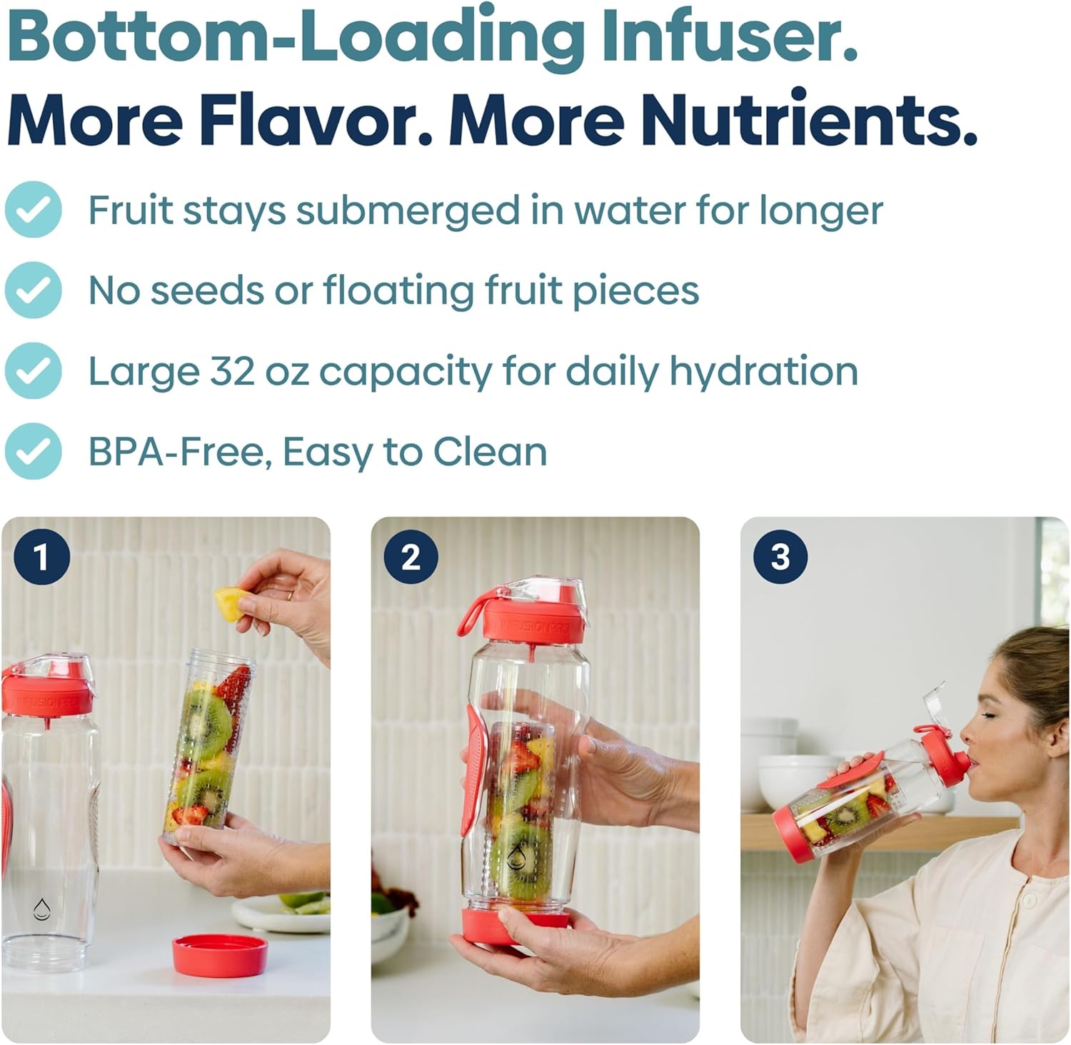 32 oz Fruit Infuser Water Bottle with Insulated Sleeve & 50 Recipe Fruit Infusion Water eBook : Bottom Loading, Large