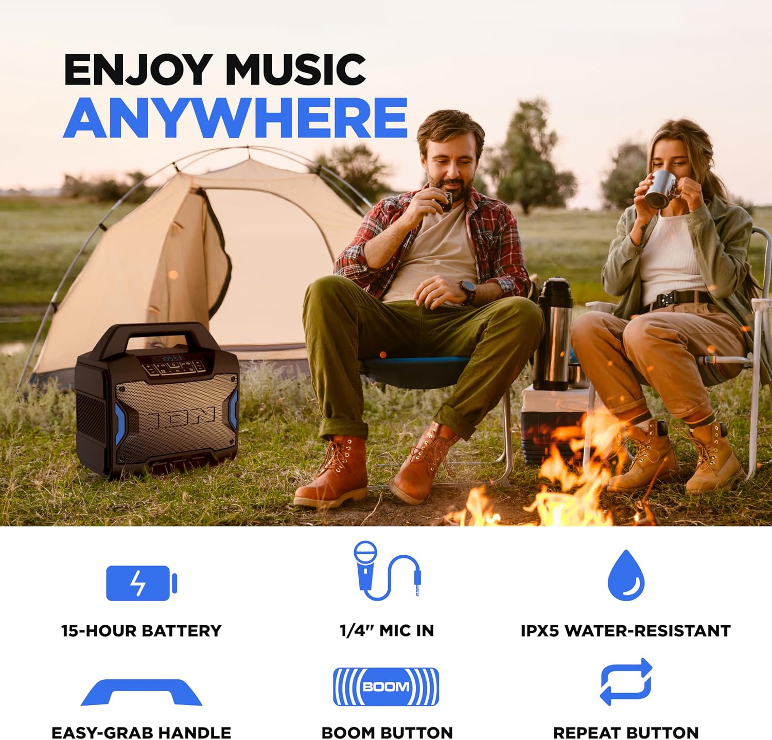 Tailgater Boom - Outdoor Portable Bluetooth Speaker with Mic in, FM Radio, USB Port, Battery, IPX5 Water-Resistant