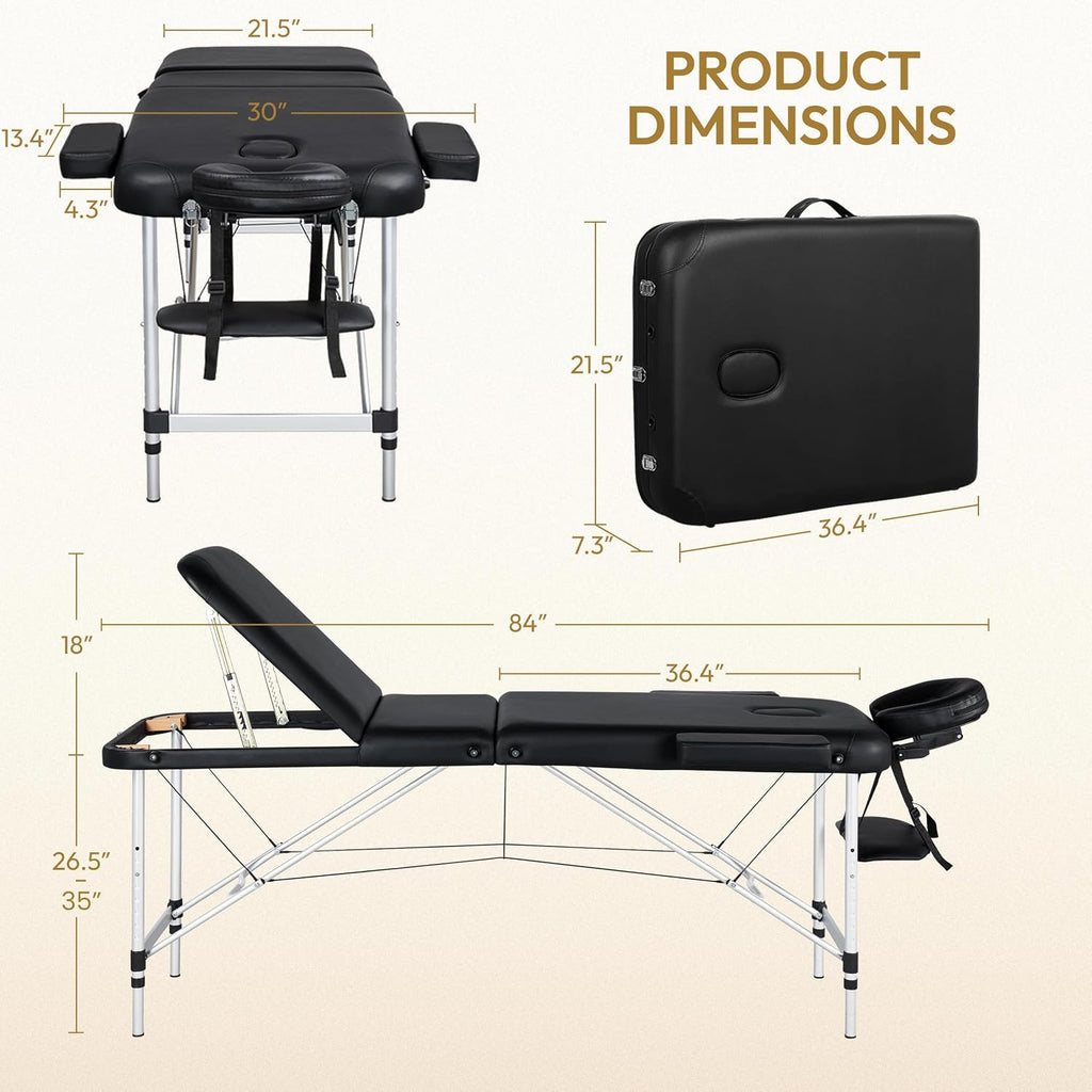 Portable Folding Massage Table Adjustable Lash Tattoo Bed Black