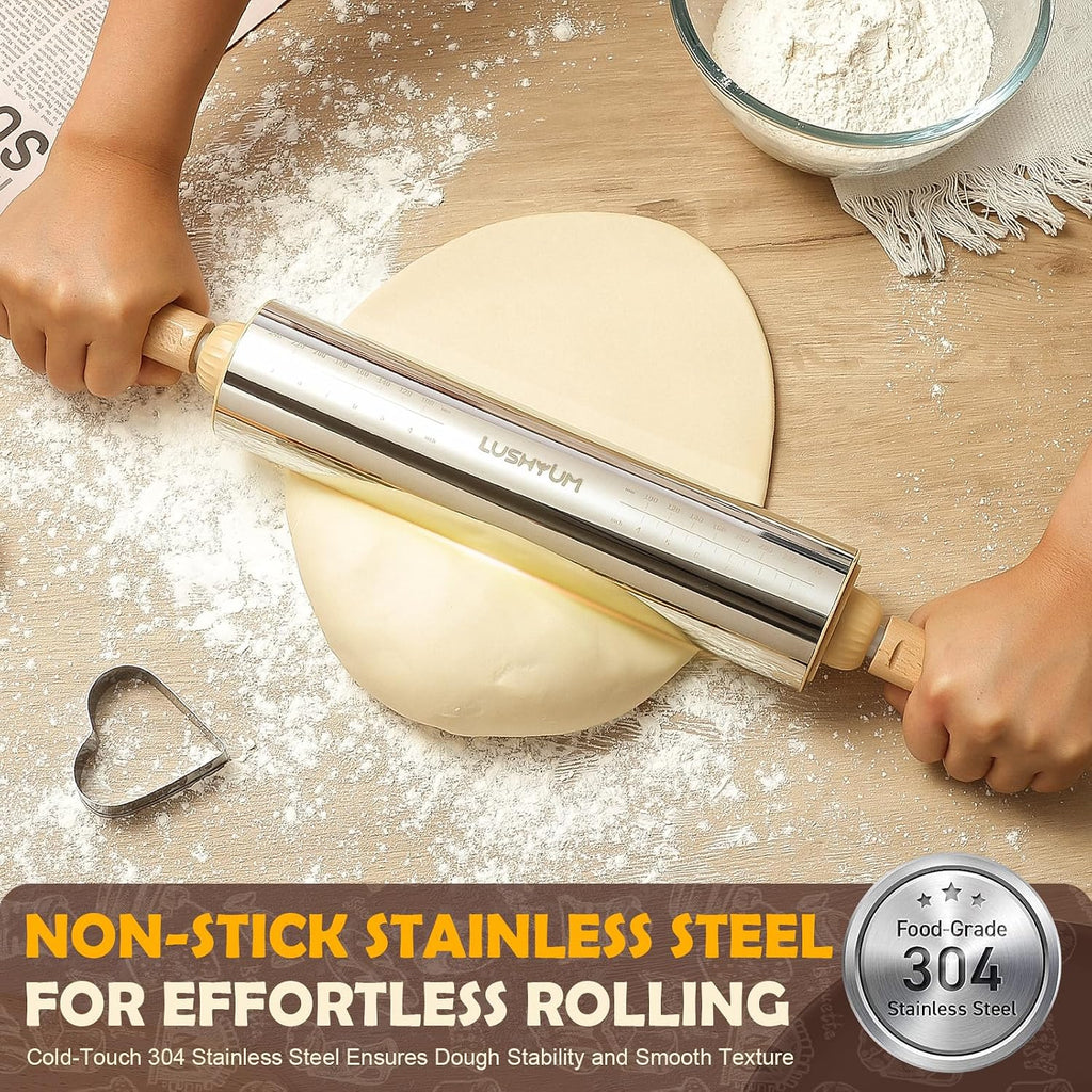 304 Stainless Steel Adjustable Rolling Pin with Thickness Rings