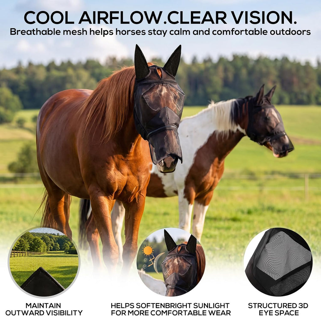 Horse Fly Mask with Ears & Detachable Nose Cover, Large